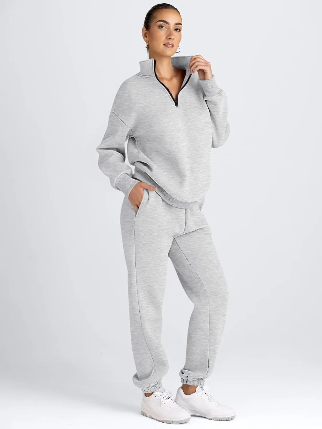 AUTOMET Women's Sweatsuits 2 Piece Outfits Long Sleeve Half Zip Pullover and Baggy Sweatpants with Pockets