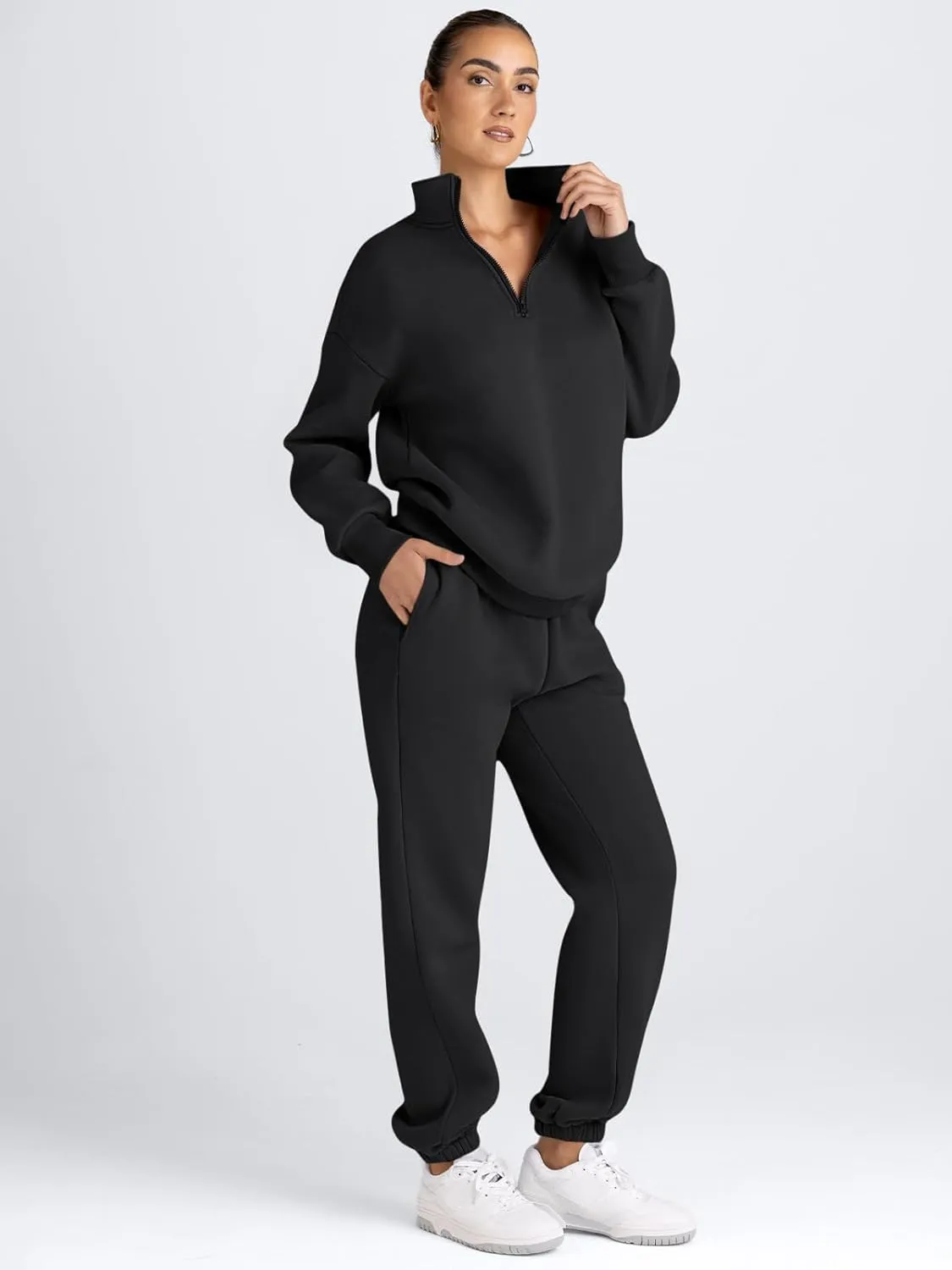 AUTOMET Women's Sweatsuits 2 Piece Outfits Long Sleeve Half Zip Pullover and Baggy Sweatpants with Pockets