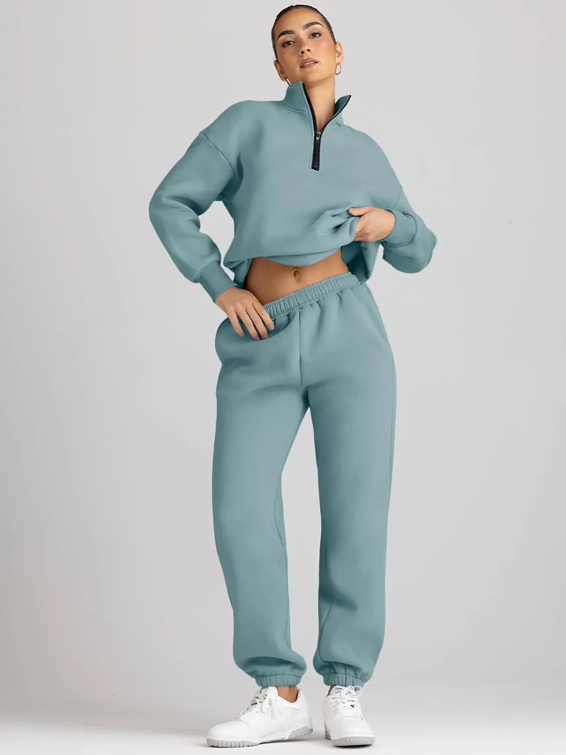 AUTOMET Women's Sweatsuits 2 Piece Outfits Long Sleeve Half Zip Pullover and Baggy Sweatpants with Pockets
