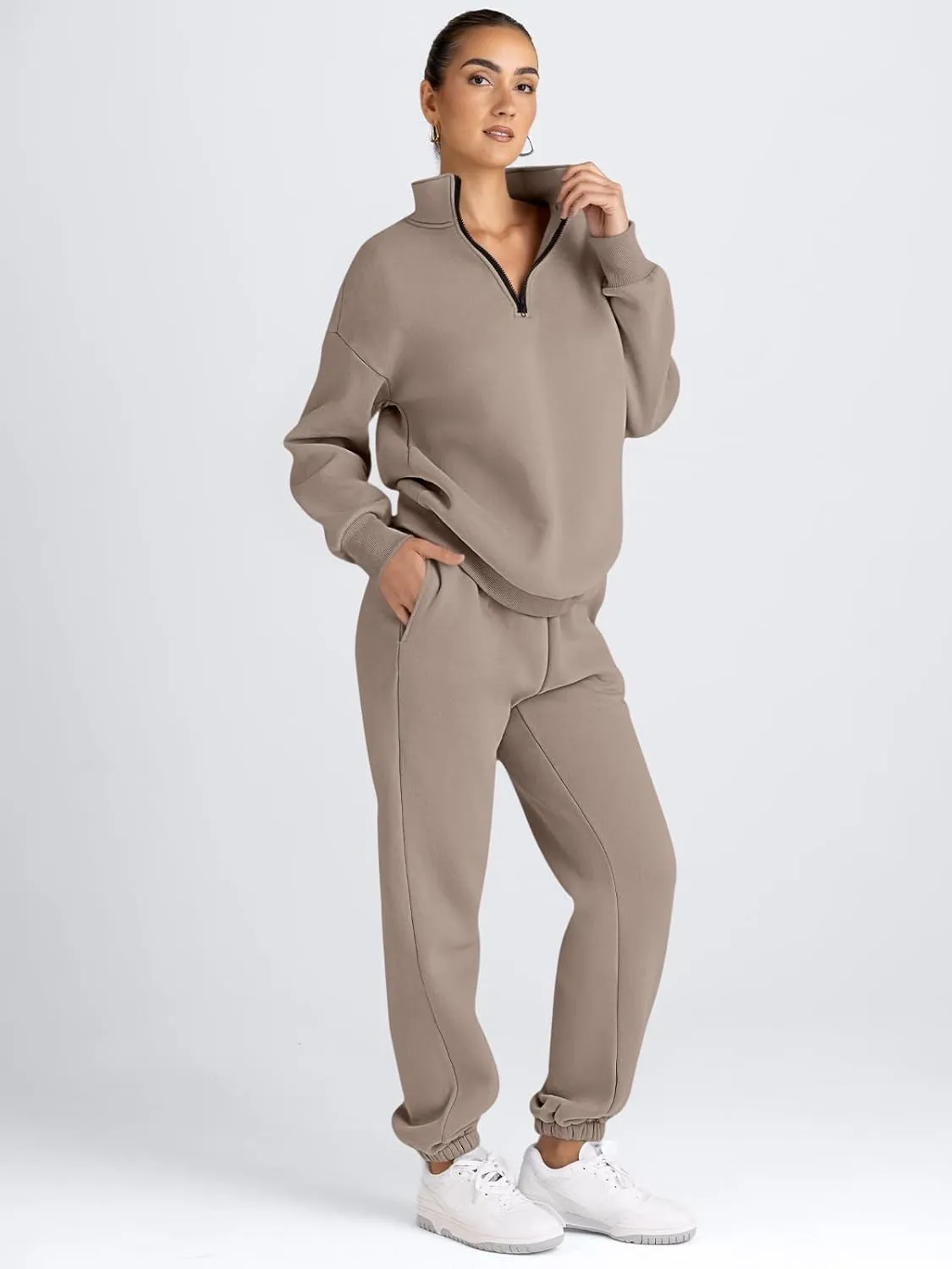 AUTOMET Women's Sweatsuits 2 Piece Outfits Long Sleeve Half Zip Pullover and Baggy Sweatpants with Pockets