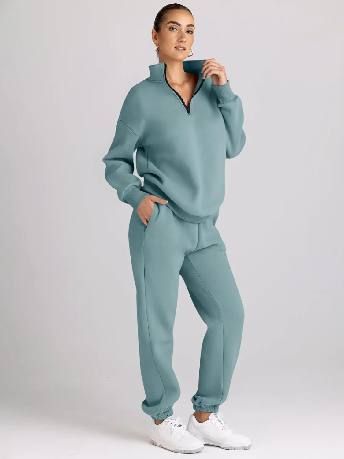 AUTOMET Women's Sweatsuits 2 Piece Outfits Long Sleeve Half Zip Pullover and Baggy Sweatpants with Pockets