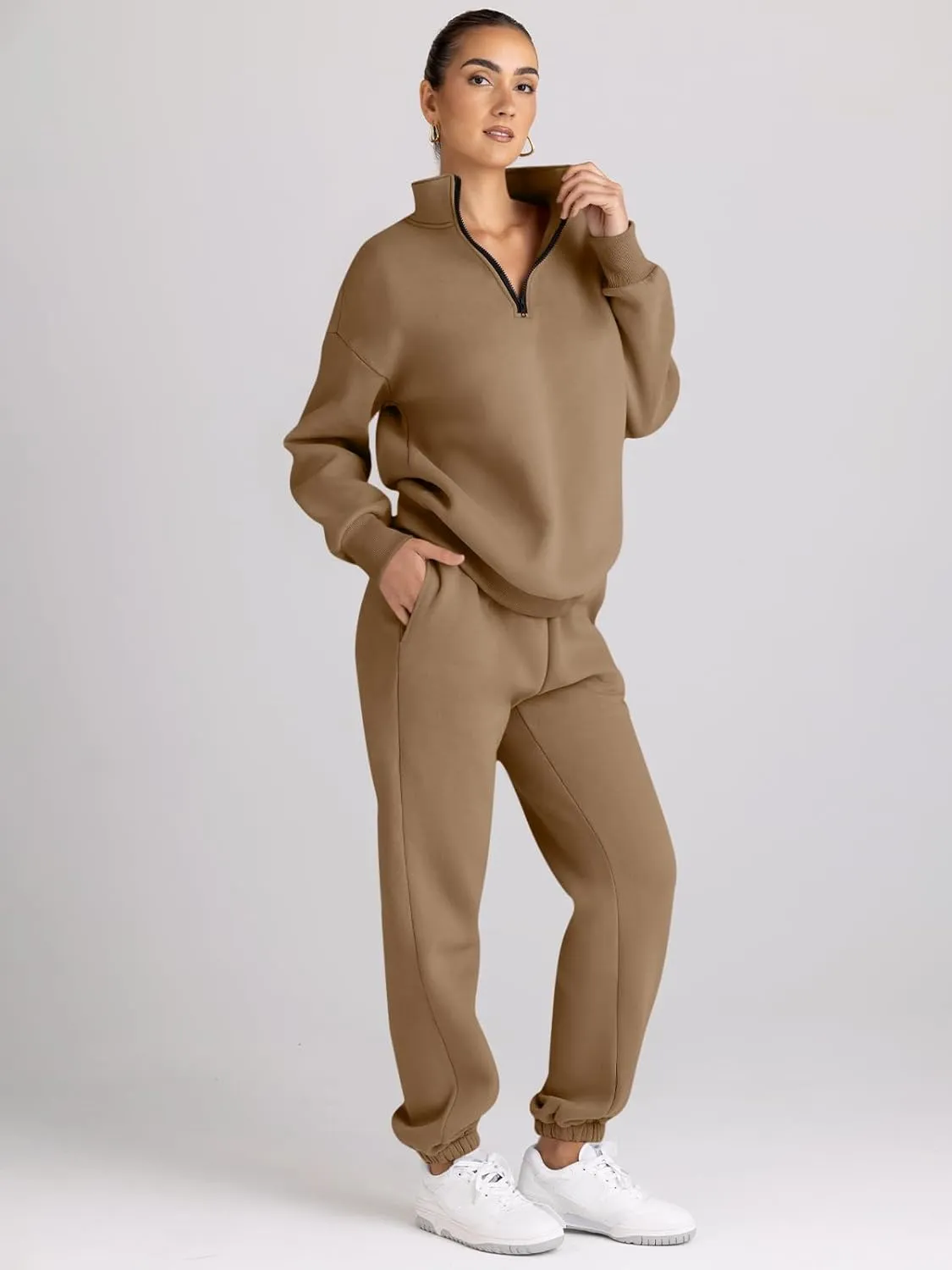 AUTOMET Women's Sweatsuits 2 Piece Outfits Long Sleeve Half Zip Pullover and Baggy Sweatpants with Pockets