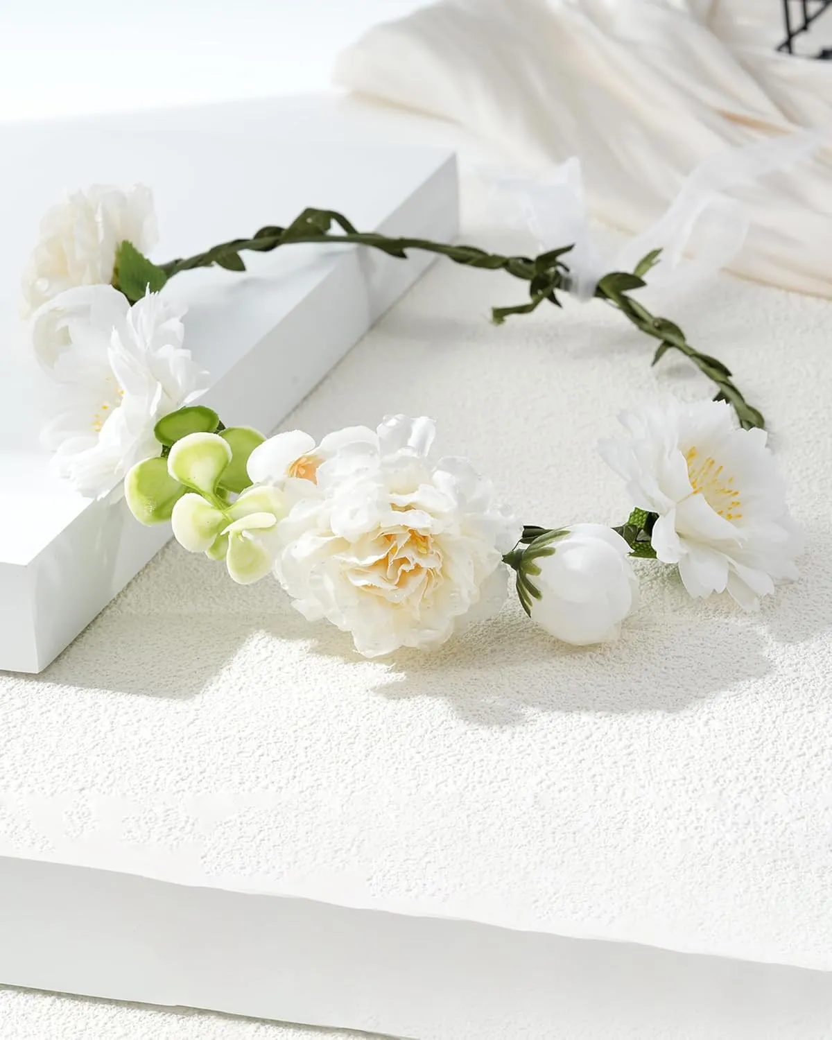 AWAYTR Handmade Hair Floral Crown Adjustable Flower Headband for Women Girls Flower Leaves Themed Party Garland with Ribbon (Beige, Standard)