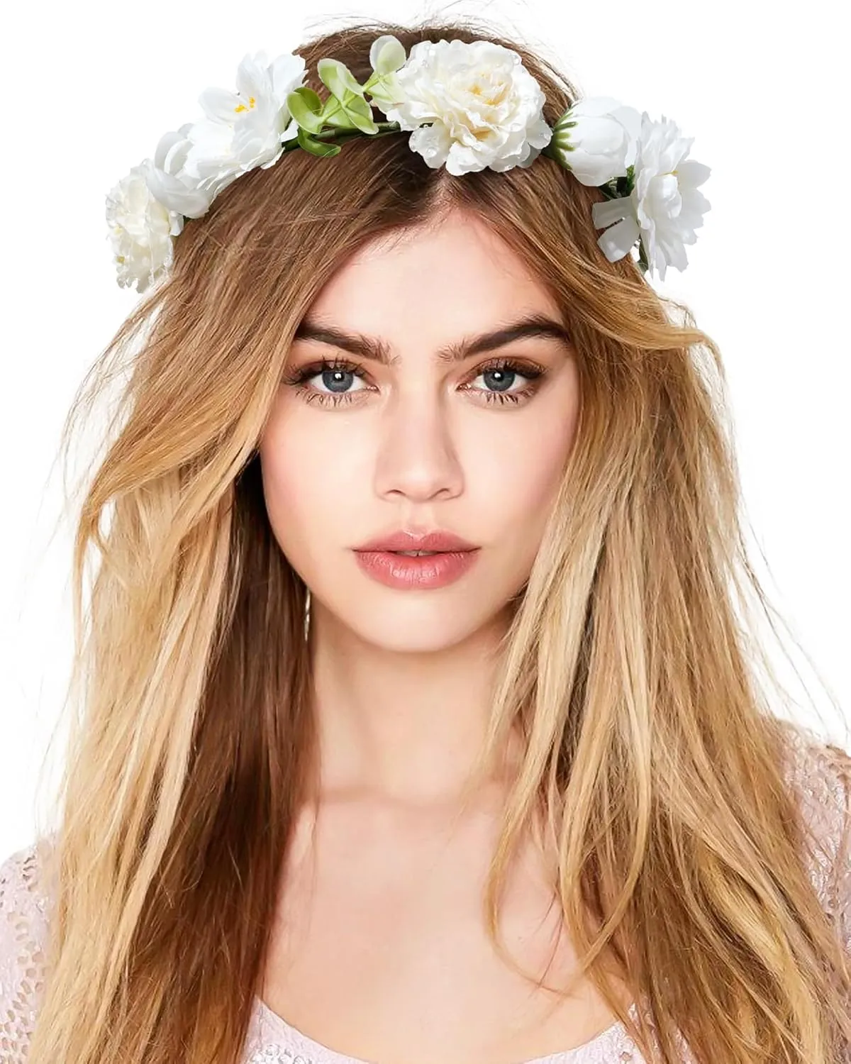 AWAYTR Handmade Hair Floral Crown Adjustable Flower Headband for Women Girls Flower Leaves Themed Party Garland with Ribbon (Beige, Standard)