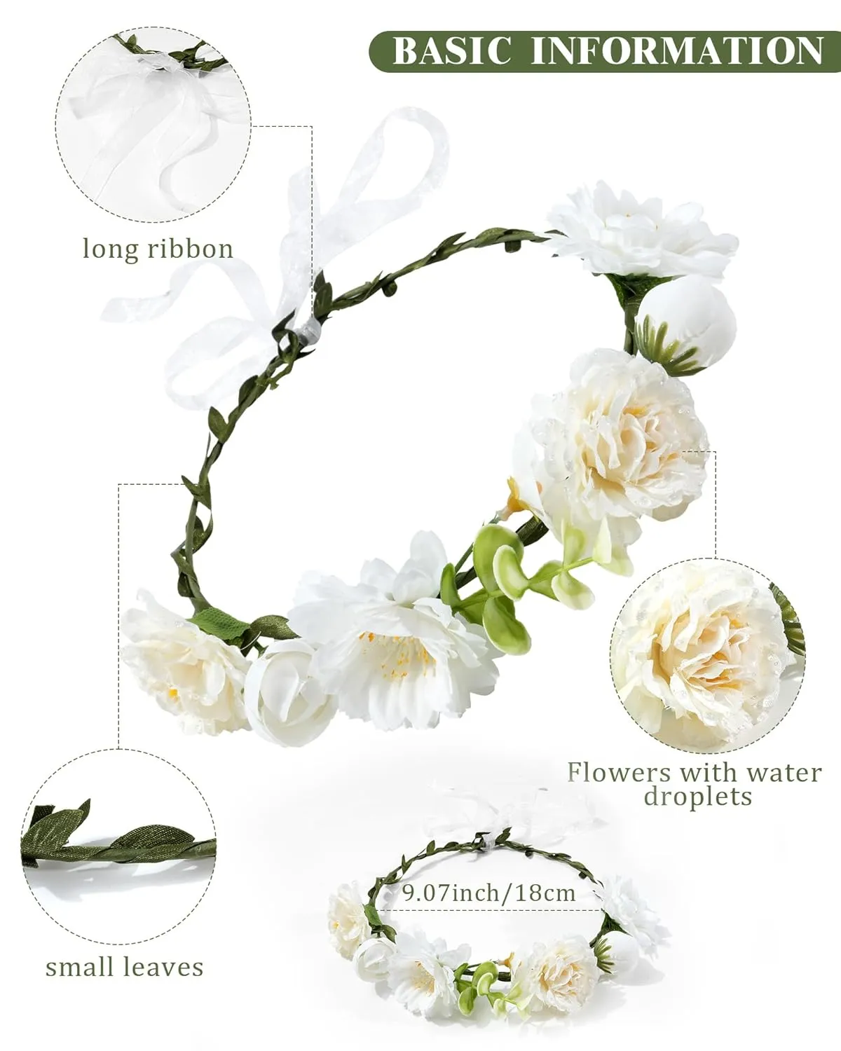 AWAYTR Handmade Hair Floral Crown Adjustable Flower Headband for Women Girls Flower Leaves Themed Party Garland with Ribbon (Beige, Standard)
