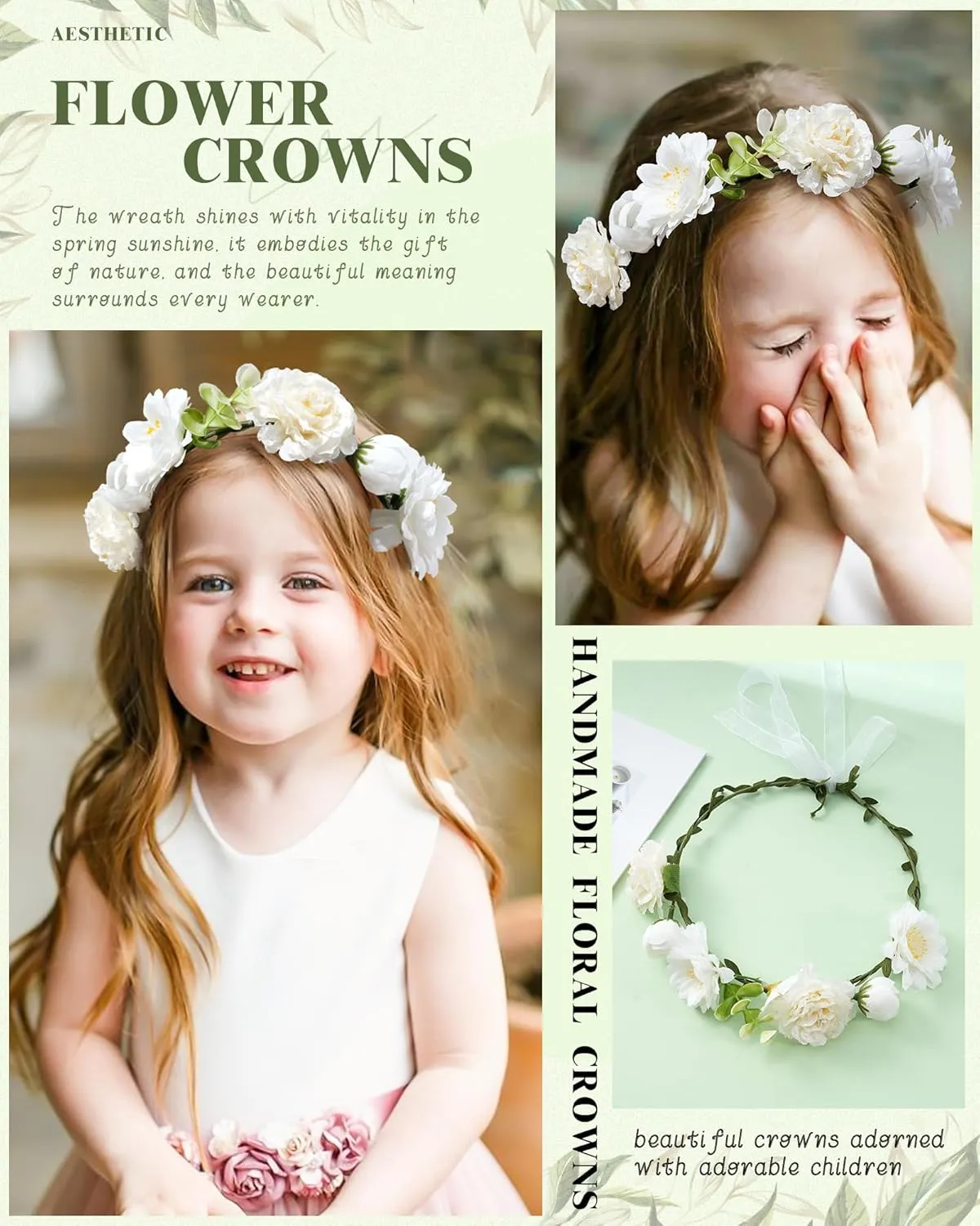AWAYTR Handmade Hair Floral Crown Adjustable Flower Headband for Women Girls Flower Leaves Themed Party Garland with Ribbon (Beige, Standard)