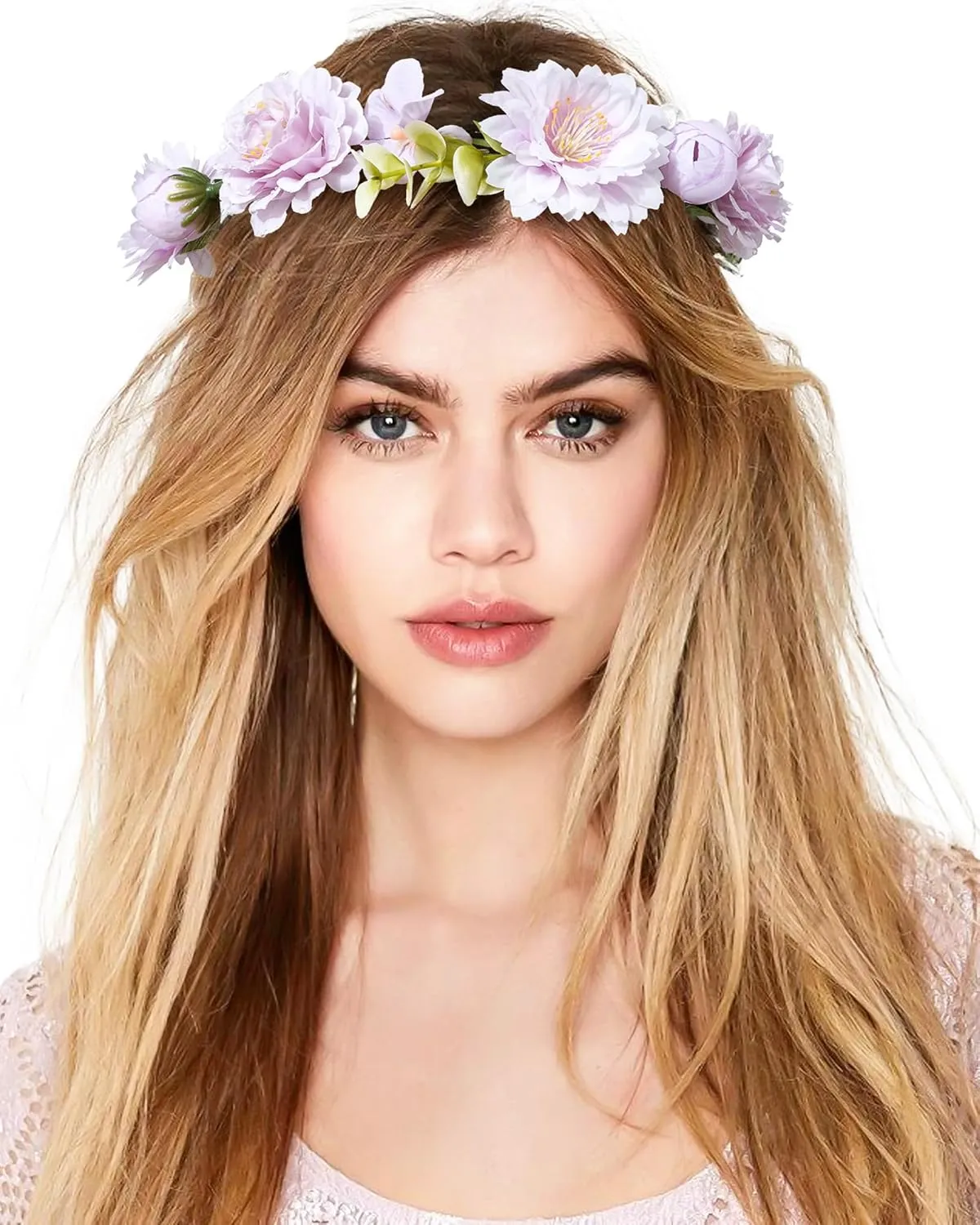AWAYTR Handmade Hair Floral Crown Adjustable Flower Headband for Women Girls Flower Leaves Themed Party Garland with Ribbon (Purple, Standard)