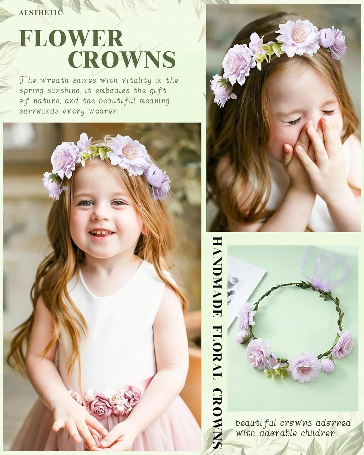 AWAYTR Handmade Hair Floral Crown Adjustable Flower Headband for Women Girls Flower Leaves Themed Party Garland with Ribbon (Purple, Standard)