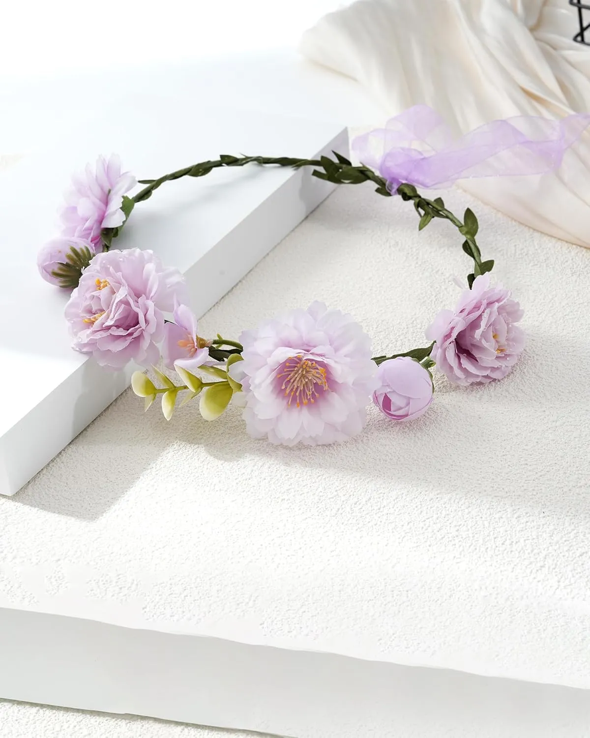 AWAYTR Handmade Hair Floral Crown Adjustable Flower Headband for Women Girls Flower Leaves Themed Party Garland with Ribbon (Purple, Standard)