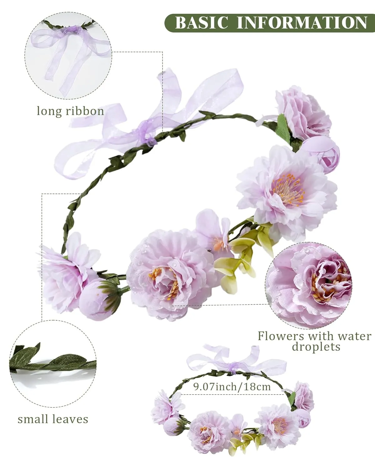 AWAYTR Handmade Hair Floral Crown Adjustable Flower Headband for Women Girls Flower Leaves Themed Party Garland with Ribbon (Purple, Standard)