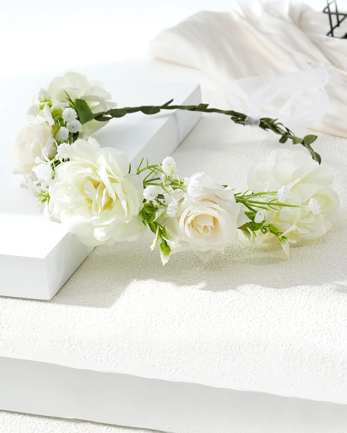 AWAYTR Handmade Hair Floral Crown Adjustable Flower Headband for Women Girls Flower Leaves Themed Party Garland with Ribbon (White, Standard)