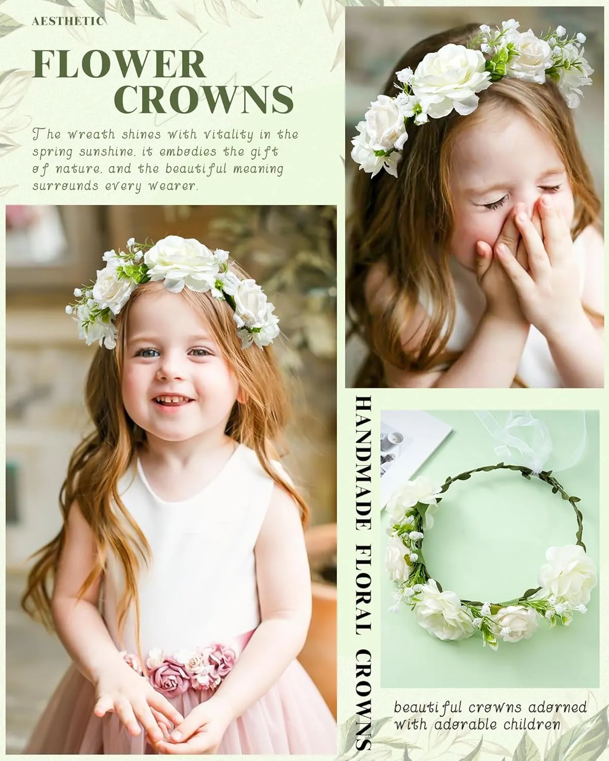 AWAYTR Handmade Hair Floral Crown Adjustable Flower Headband for Women Girls Flower Leaves Themed Party Garland with Ribbon (White, Standard)