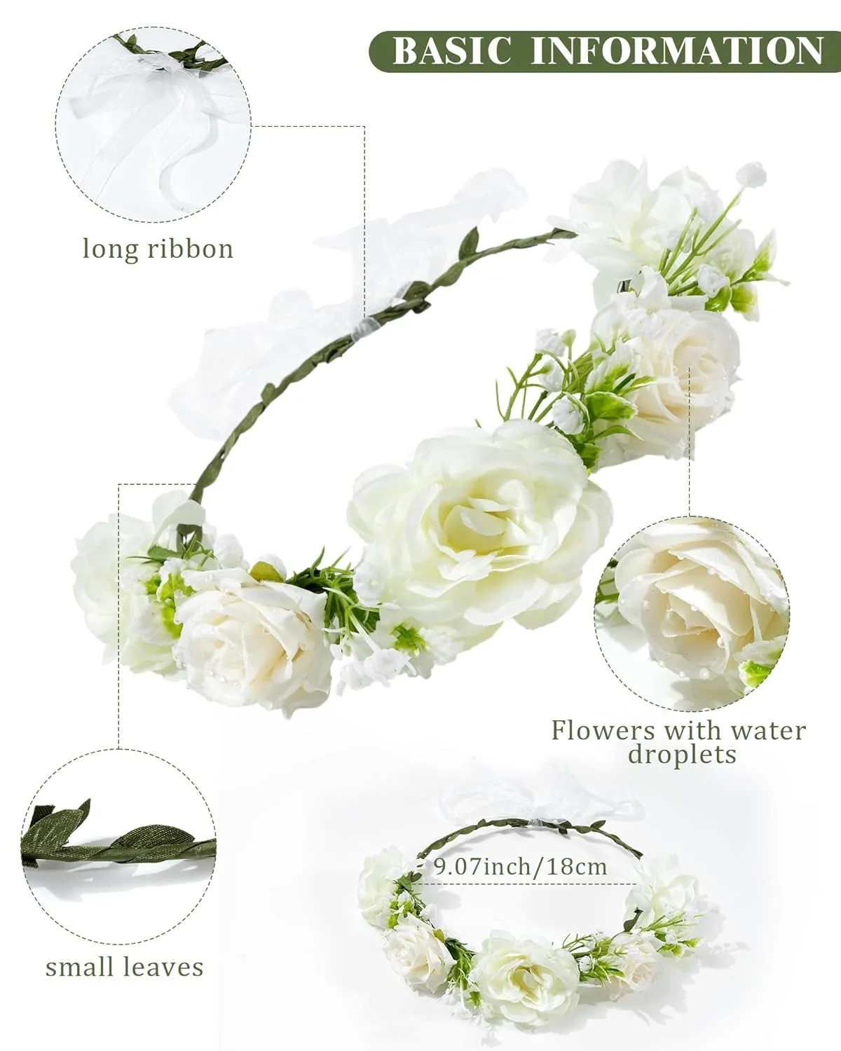 AWAYTR Handmade Hair Floral Crown Adjustable Flower Headband for Women Girls Flower Leaves Themed Party Garland with Ribbon (White, Standard)