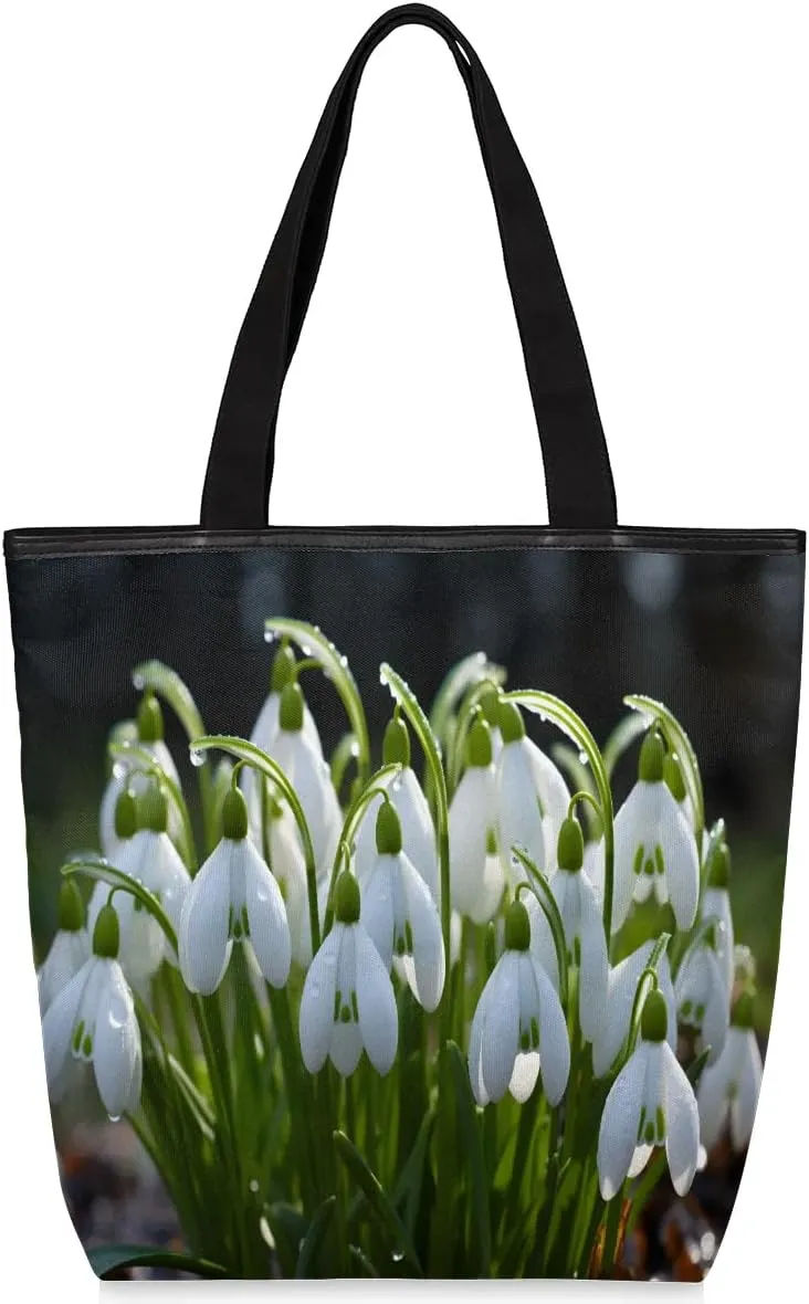 Beautiful Lily Valley Flowers Canvas Tote Bag with Zipper and Pockets Canvas Tote Shopping Bag Women Reusable Grocery Bag for Beach Travel Gym Shopping