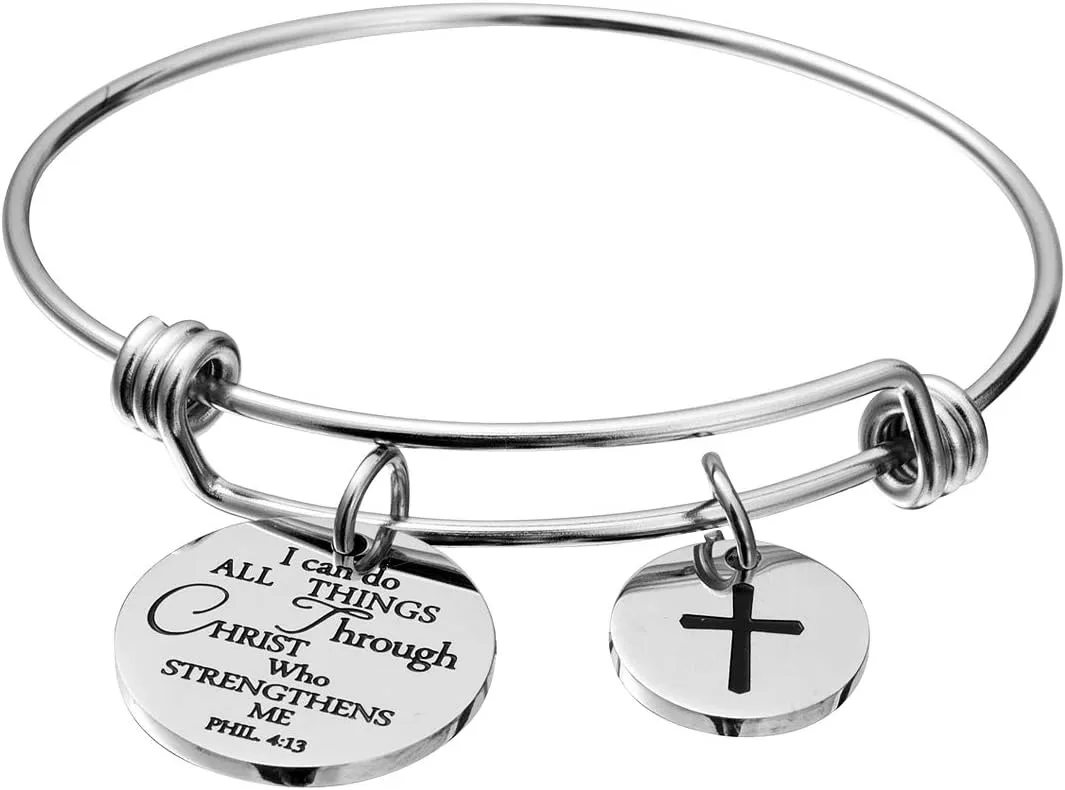 Bible Verse Bangle Bracelet Cross Charm Confirmation Bracelet Scripture Jewelry