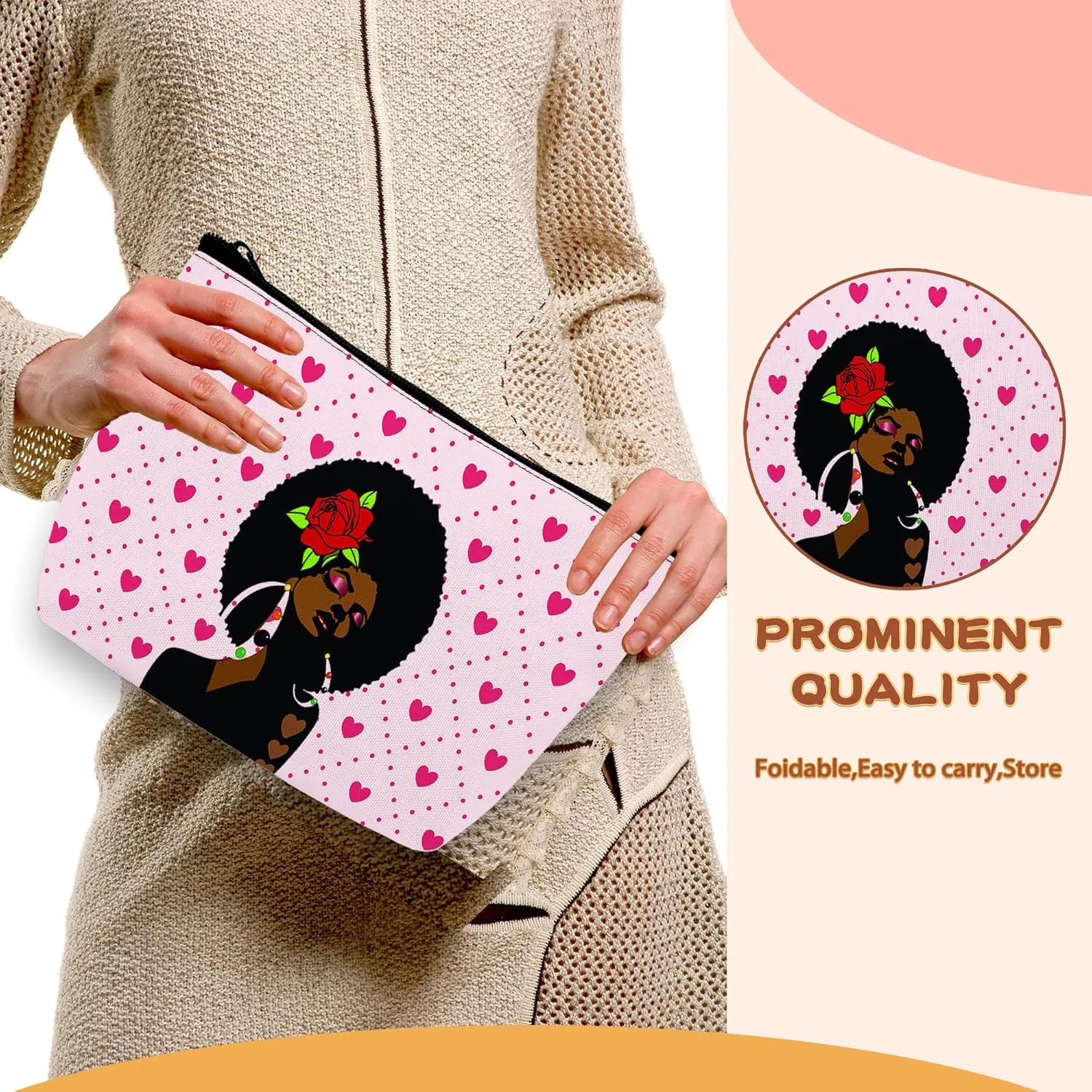 Black Girl Cosmetic Bags Afro African American Ladies Makeup Bags Toiletry Bag Large Capacity Organizer Pouch with Zipper Travel Accessories for Women Girls