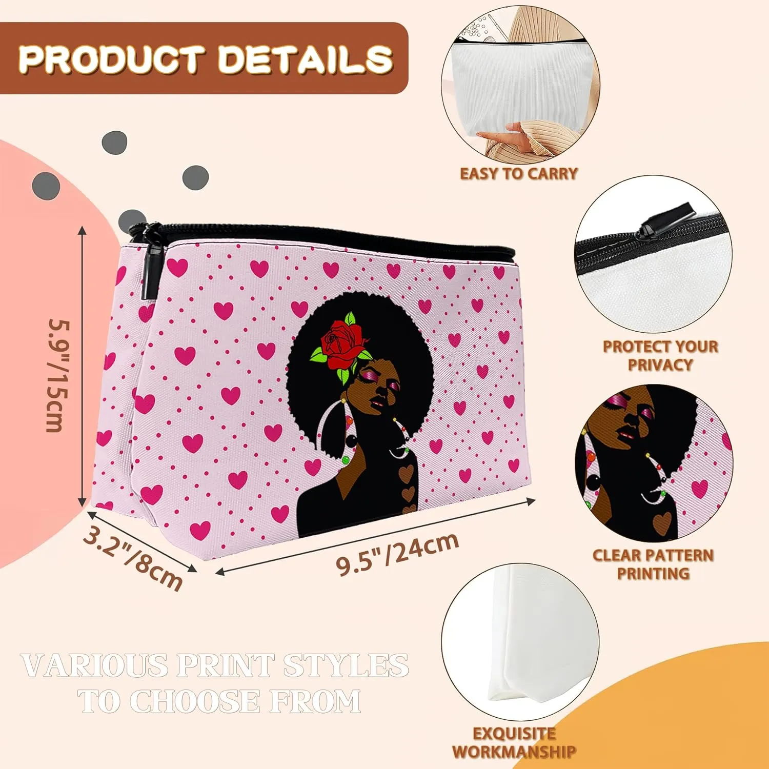 Black Girl Cosmetic Bags Afro African American Ladies Makeup Bags Toiletry Bag Large Capacity Organizer Pouch with Zipper Travel Accessories for Women Girls