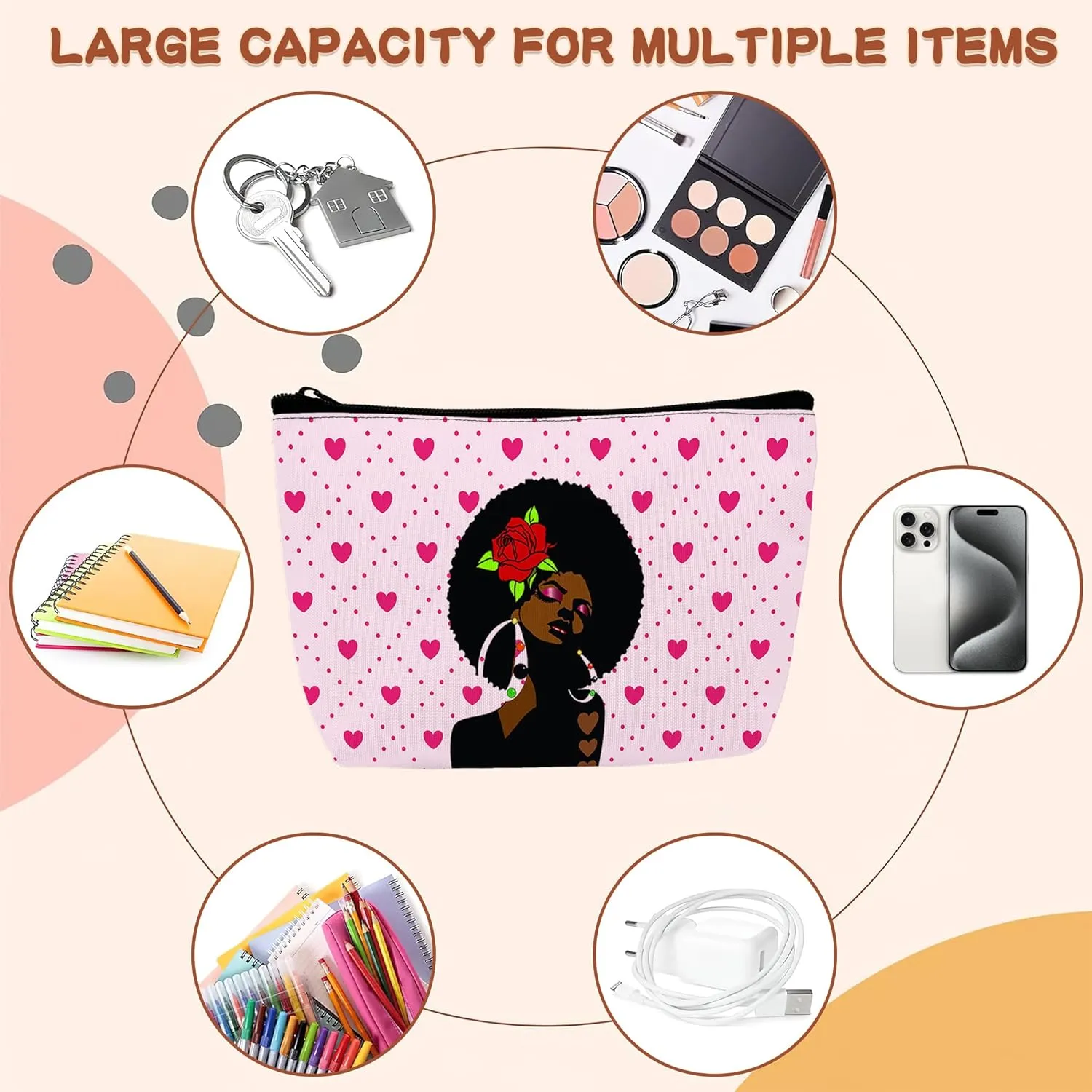 Black Girl Cosmetic Bags Afro African American Ladies Makeup Bags Toiletry Bag Large Capacity Organizer Pouch with Zipper Travel Accessories for Women Girls