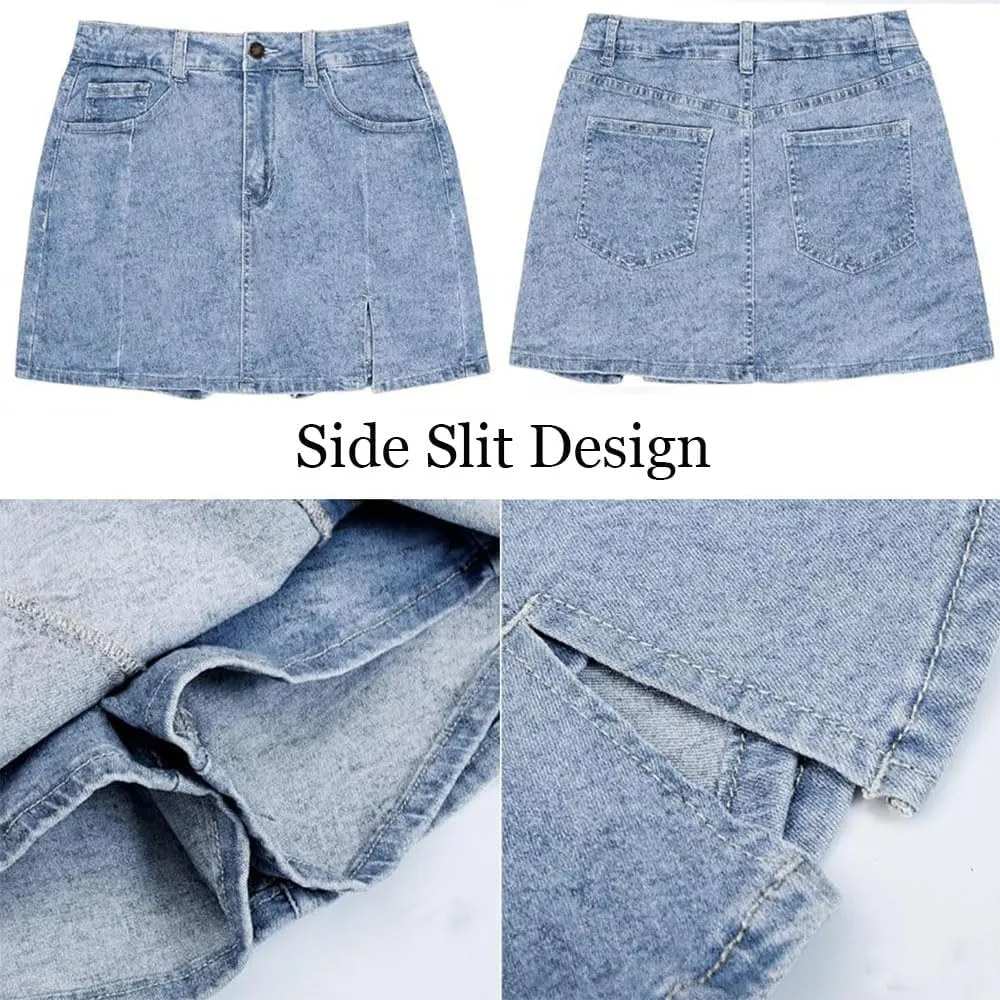 Bloomy Skorts,Denim Jean Mini Shorts Slit Skirts,High Waisted Casual Stretchy Denim Skirt Side Split Mini Skirts-Four Colors