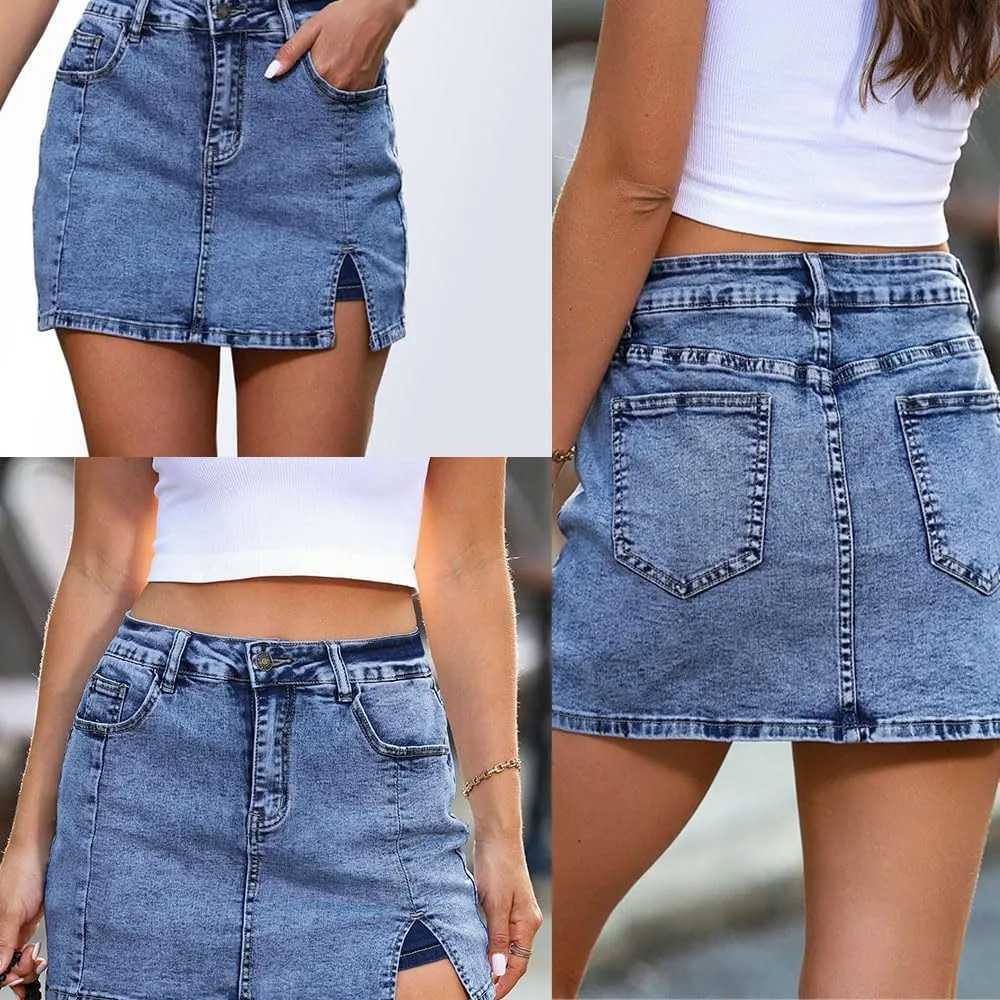Bloomy Skorts,Denim Jean Mini Shorts Slit Skirts,High Waisted Casual Stretchy Denim Skirt Side Split Mini Skirts-Four Colors