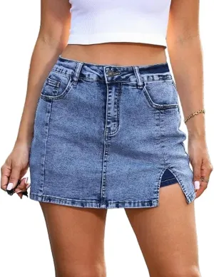 Bloomy Skorts,Denim Jean Mini Shorts Slit Skirts,High Waisted Casual Stretchy Denim Skirt Side Split Mini Skirts-Four Colors