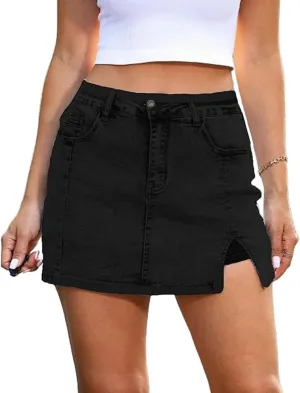 Bloomy Skorts,Denim Jean Mini Shorts Slit Skirts,High Waisted Casual Stretchy Denim Skirt Side Split Mini Skirts-Four Colors
