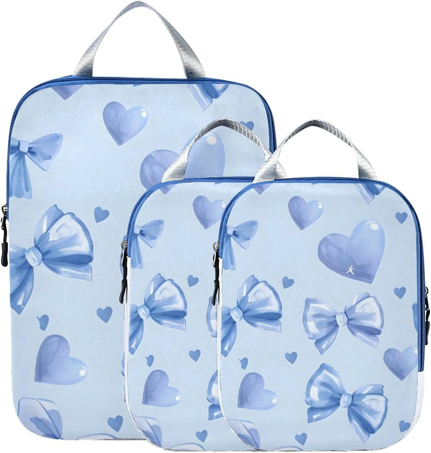 Blue Bows Hearts Pattern Compression Packing Cubes for Travel Packing Organizers Backpack 3 Pack Luggage Travel Essentials Carry Must Haves Waterproof Suitcase Storage Bags