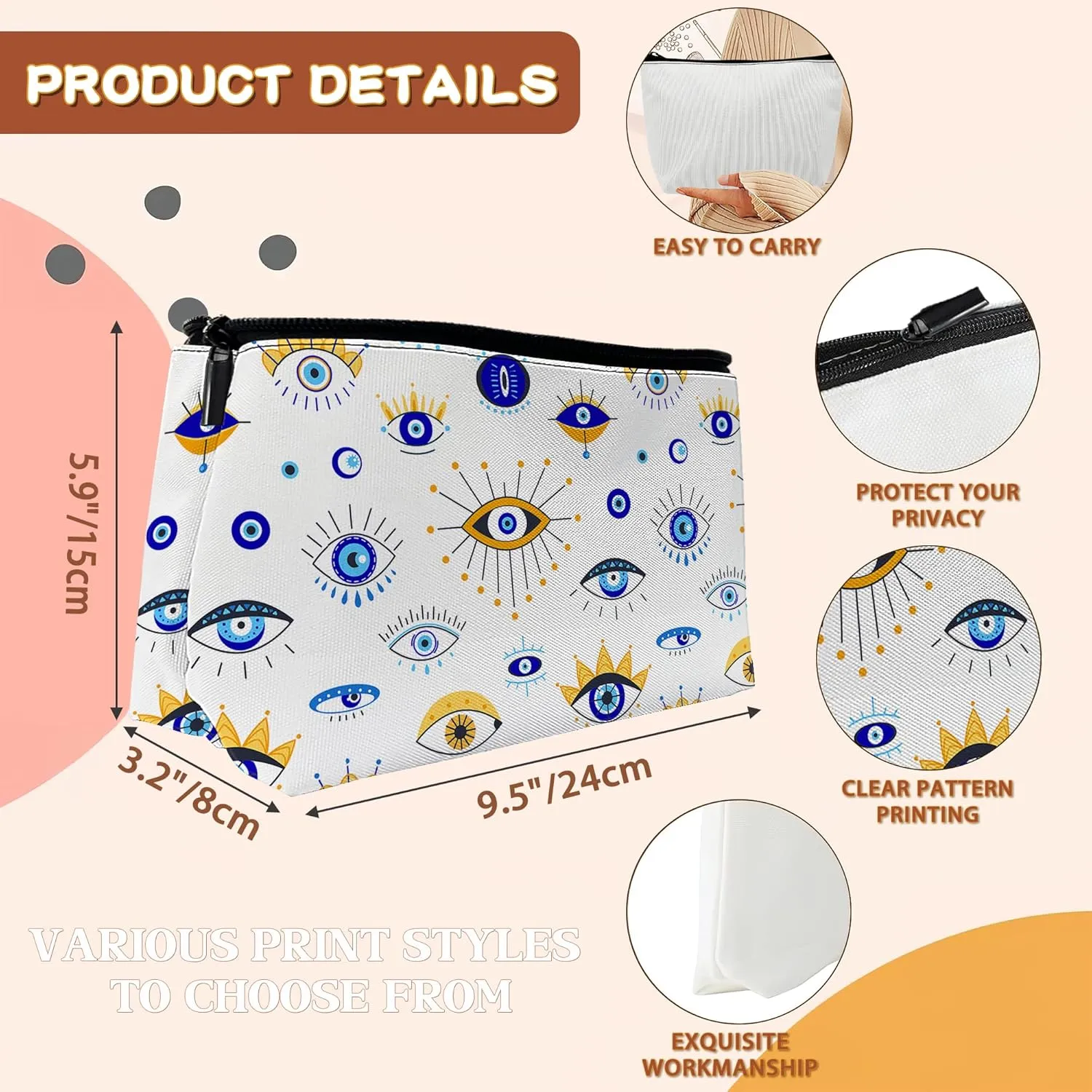 Blue Evil Eye Cosmetic Bags Makeup Bags Toiletry Bag Large Capacity Organizer Pouch with Zipper Travel Accessories for Women Girls