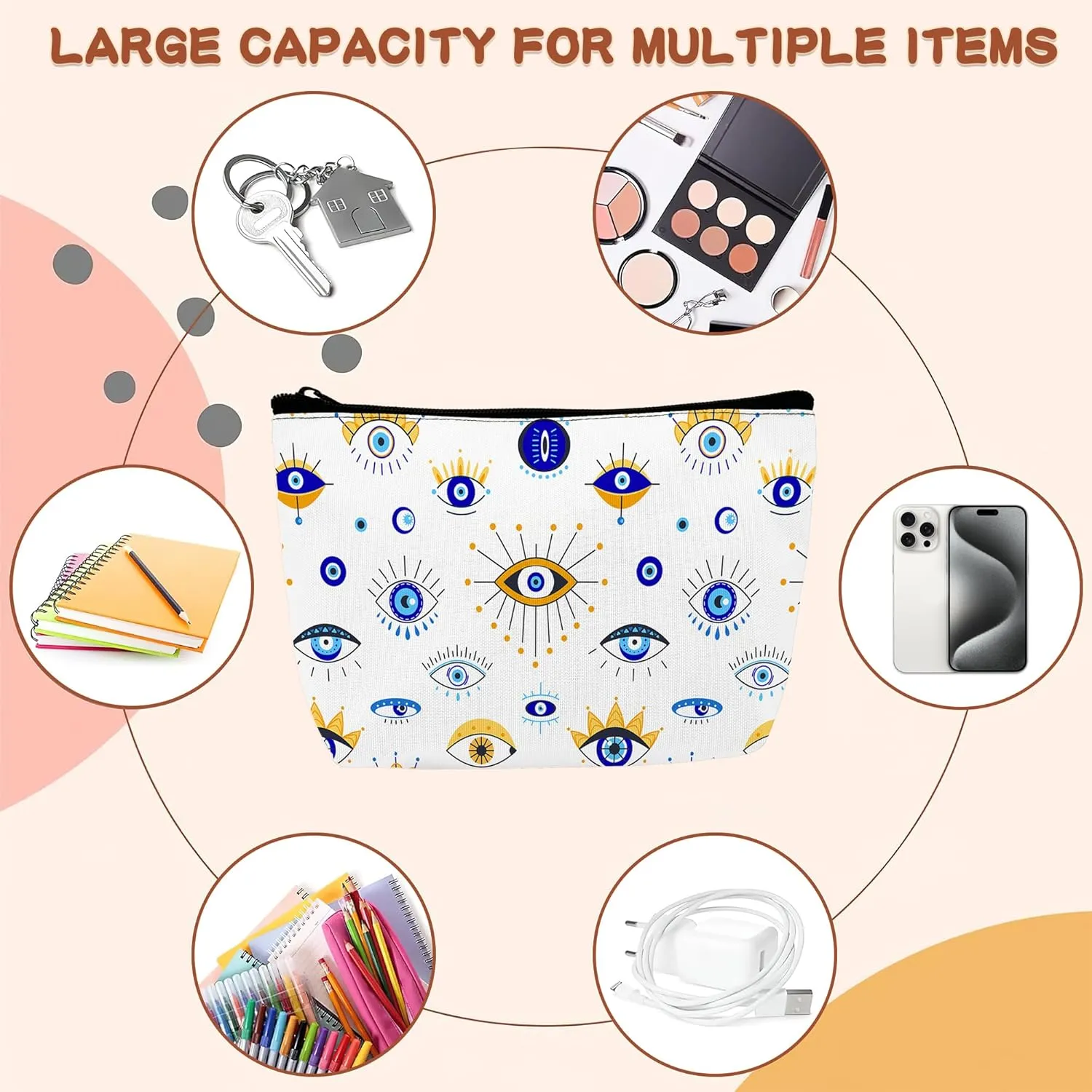 Blue Evil Eye Cosmetic Bags Makeup Bags Toiletry Bag Large Capacity Organizer Pouch with Zipper Travel Accessories for Women Girls
