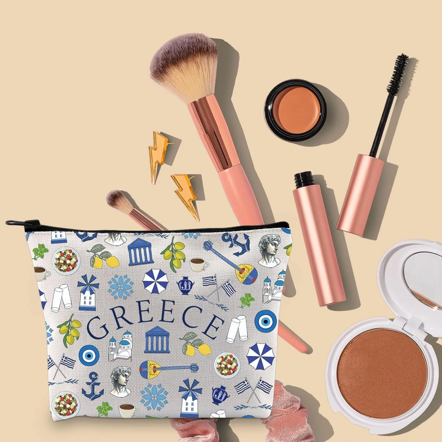 BLUPARK Greece Makeup Bag Greek Landmarks Gift Greece Trip Zipper Pouch Greece Lover Gift Greece Travel Vacation Cosmetic Bag Greece Gift (canvas, Greece Bag)