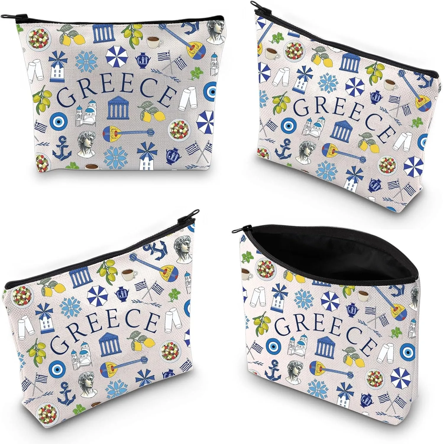 BLUPARK Greece Makeup Bag Greek Landmarks Gift Greece Trip Zipper Pouch Greece Lover Gift Greece Travel Vacation Cosmetic Bag Greece Gift (canvas, Greece Bag)