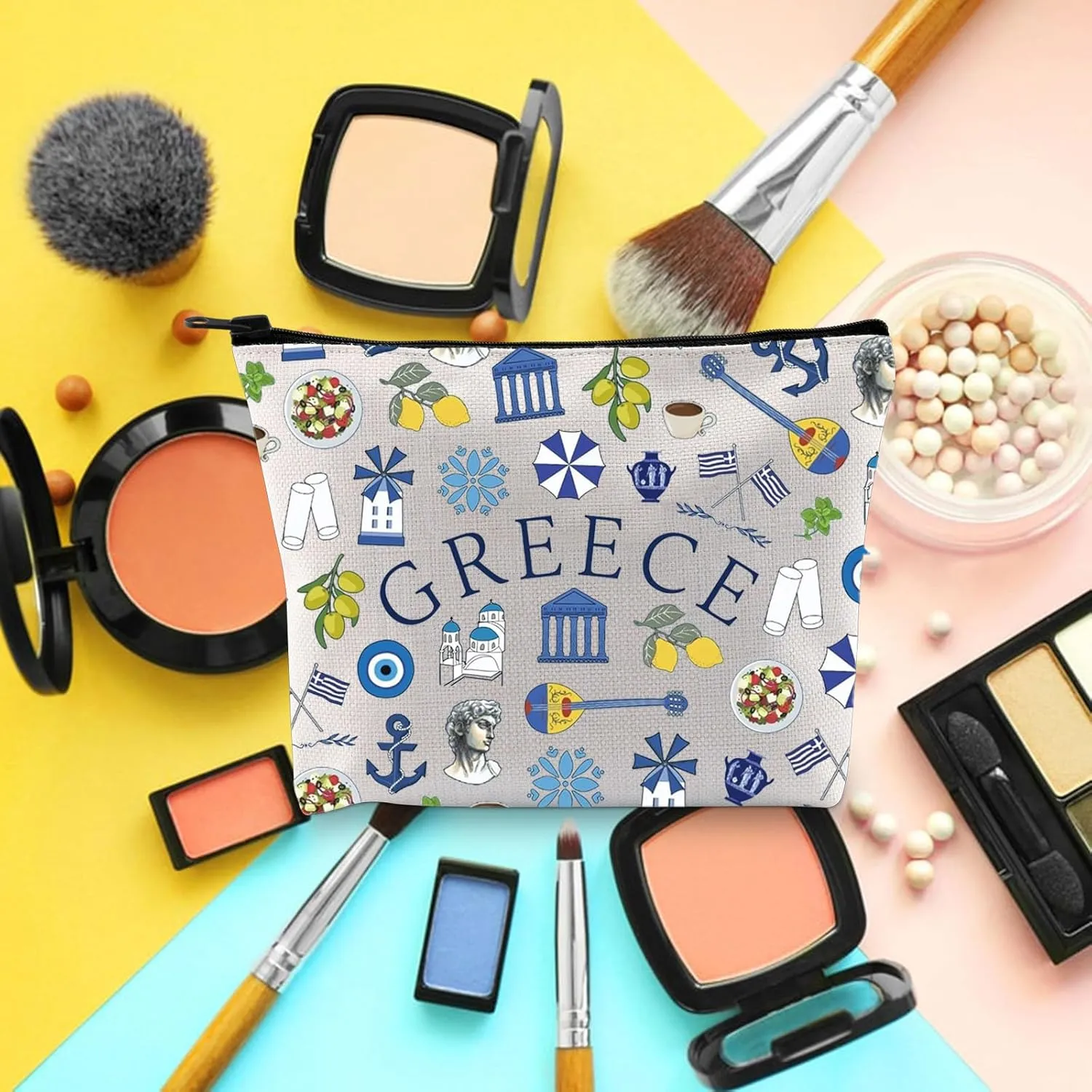 BLUPARK Greece Makeup Bag Greek Landmarks Gift Greece Trip Zipper Pouch Greece Lover Gift Greece Travel Vacation Cosmetic Bag Greece Gift (canvas, Greece Bag)