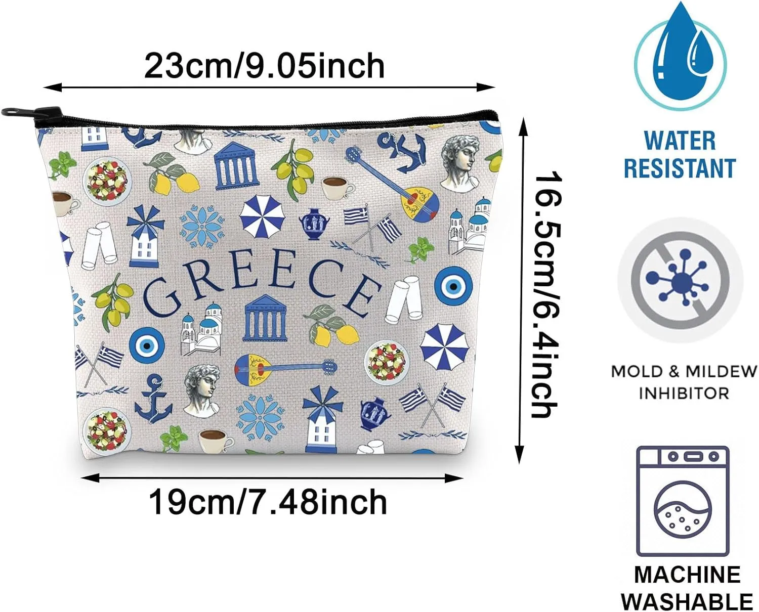 BLUPARK Greece Makeup Bag Greek Landmarks Gift Greece Trip Zipper Pouch Greece Lover Gift Greece Travel Vacation Cosmetic Bag Greece Gift (canvas, Greece Bag)