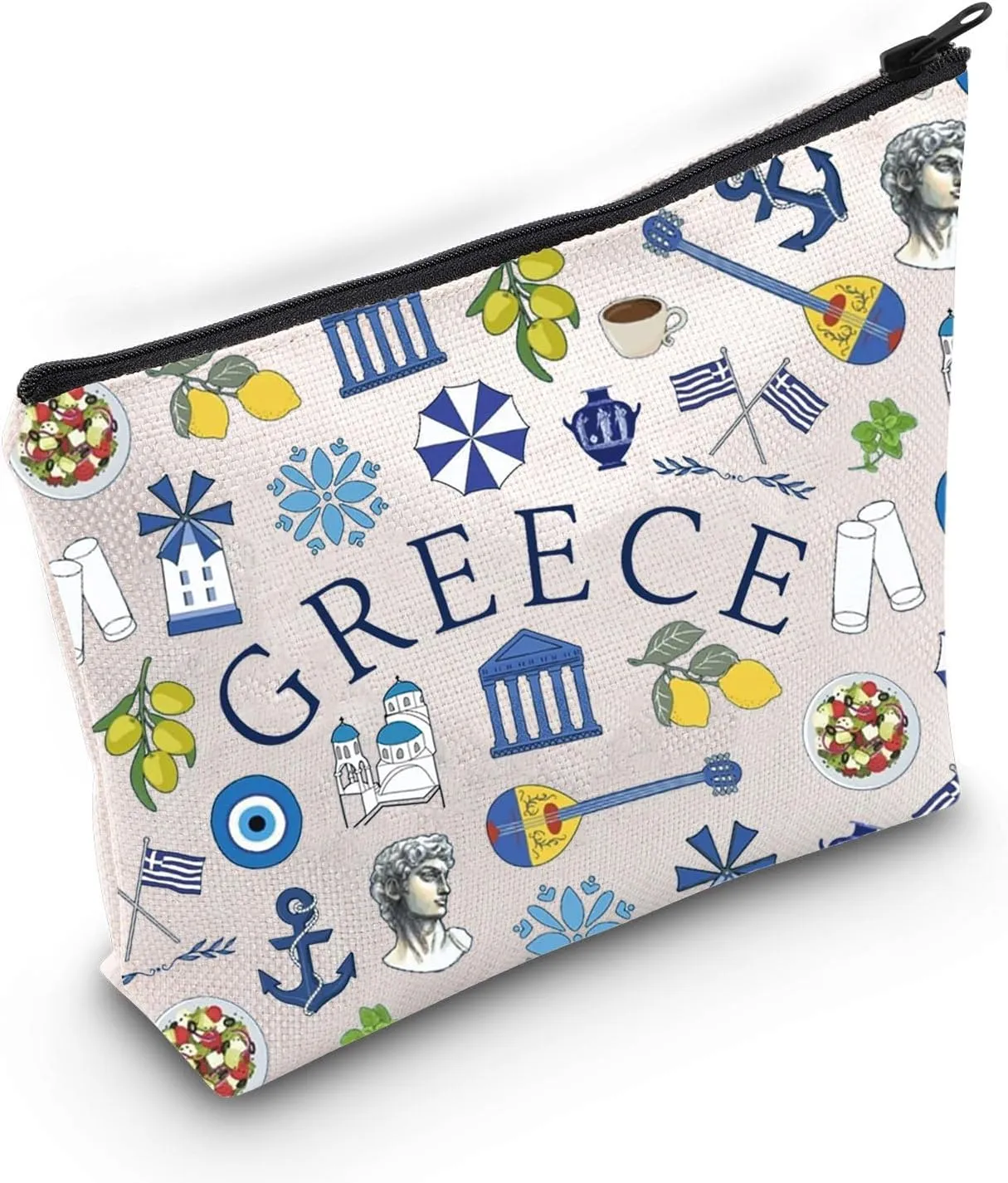 BLUPARK Greece Makeup Bag Greek Landmarks Gift Greece Trip Zipper Pouch Greece Lover Gift Greece Travel Vacation Cosmetic Bag Greece Gift (canvas, Greece Bag)