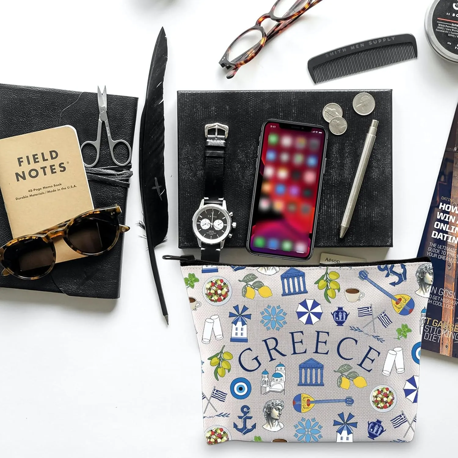 BLUPARK Greece Makeup Bag Greek Landmarks Gift Greece Trip Zipper Pouch Greece Lover Gift Greece Travel Vacation Cosmetic Bag Greece Gift (canvas, Greece Bag)