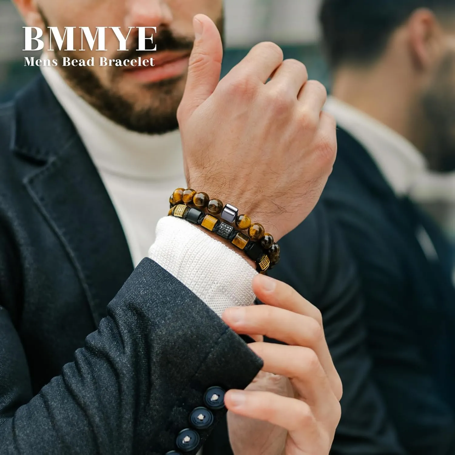 BMMYE 2-4Pcs Mens Beaded Bracelets 8mm Strech Bead Bracelet for Men Natural Stone Lava Rock Tiger Eye Obsidian Bracelets for Men Mens Jewlery Bracelet Gift