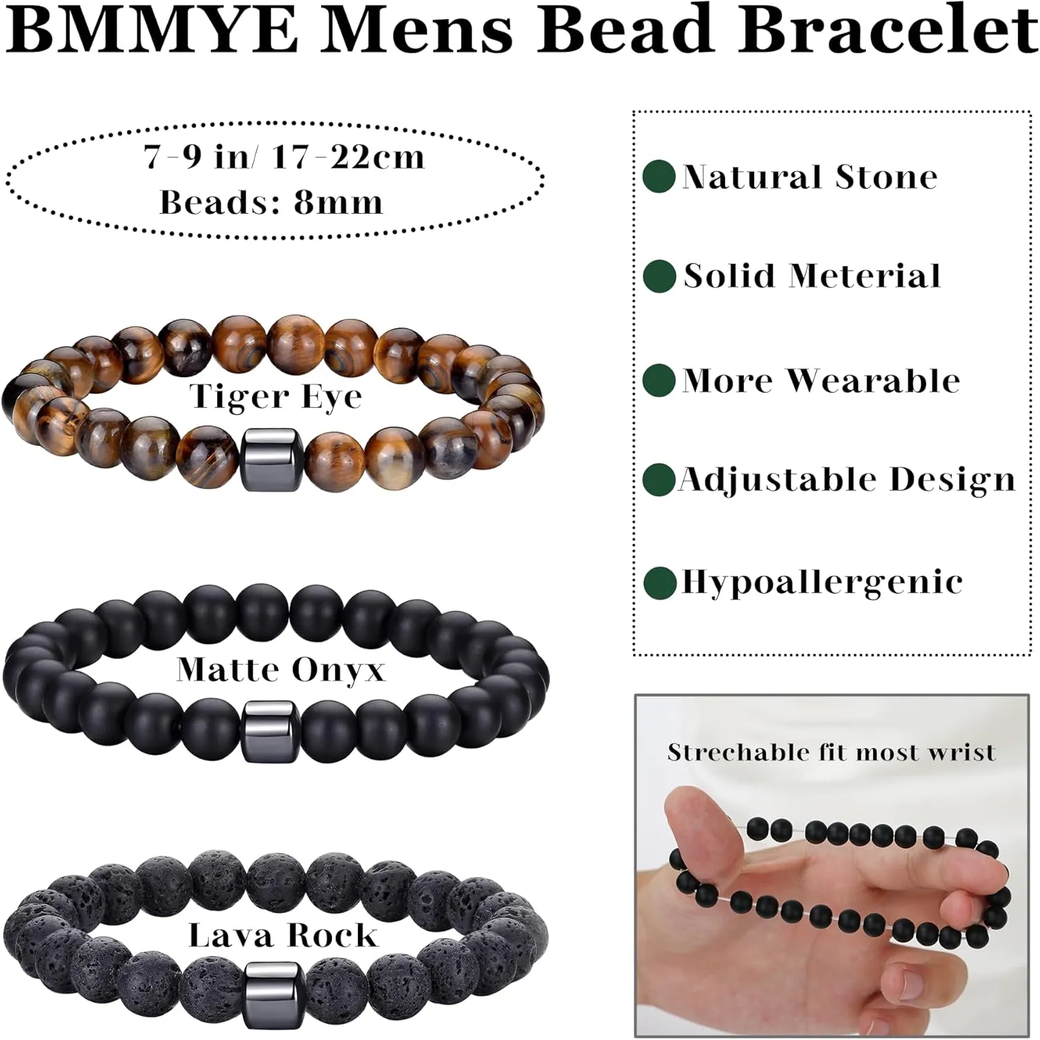 BMMYE 2-4Pcs Mens Beaded Bracelets 8mm Strech Bead Bracelet for Men Natural Stone Lava Rock Tiger Eye Obsidian Bracelets for Men Mens Jewlery Bracelet Gift
