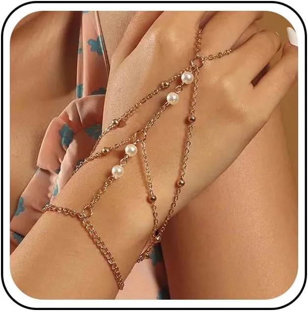 Bohemia Layered Finger Bracelet Gold Pearl Slave Bracelet Vintage Pearl Finger Chain Bracelet Layering Ring Bracelet Everyday Bracelet Hand Harness Chain Jewelry for Women