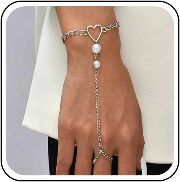 Boho Heart Finger Bracelet Silver Slave Vintage Pearl Chain Summer Ring Everyday Hand Chain Jewelry for Women