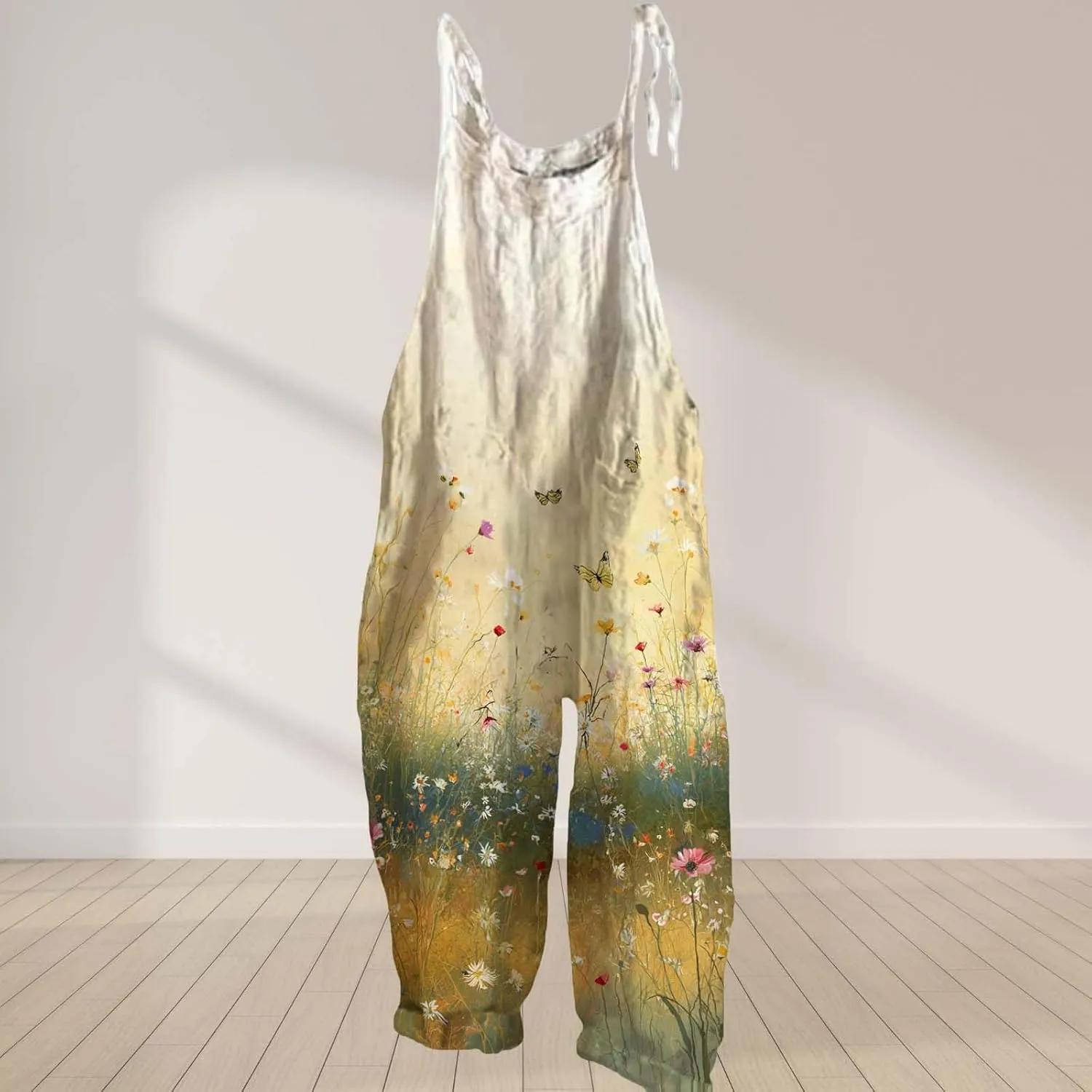 Boho Jumpsuits For Women 2025 Summer Cotton Linen Floral Printed Overall Halter Baggy Comfy Beach Rompers