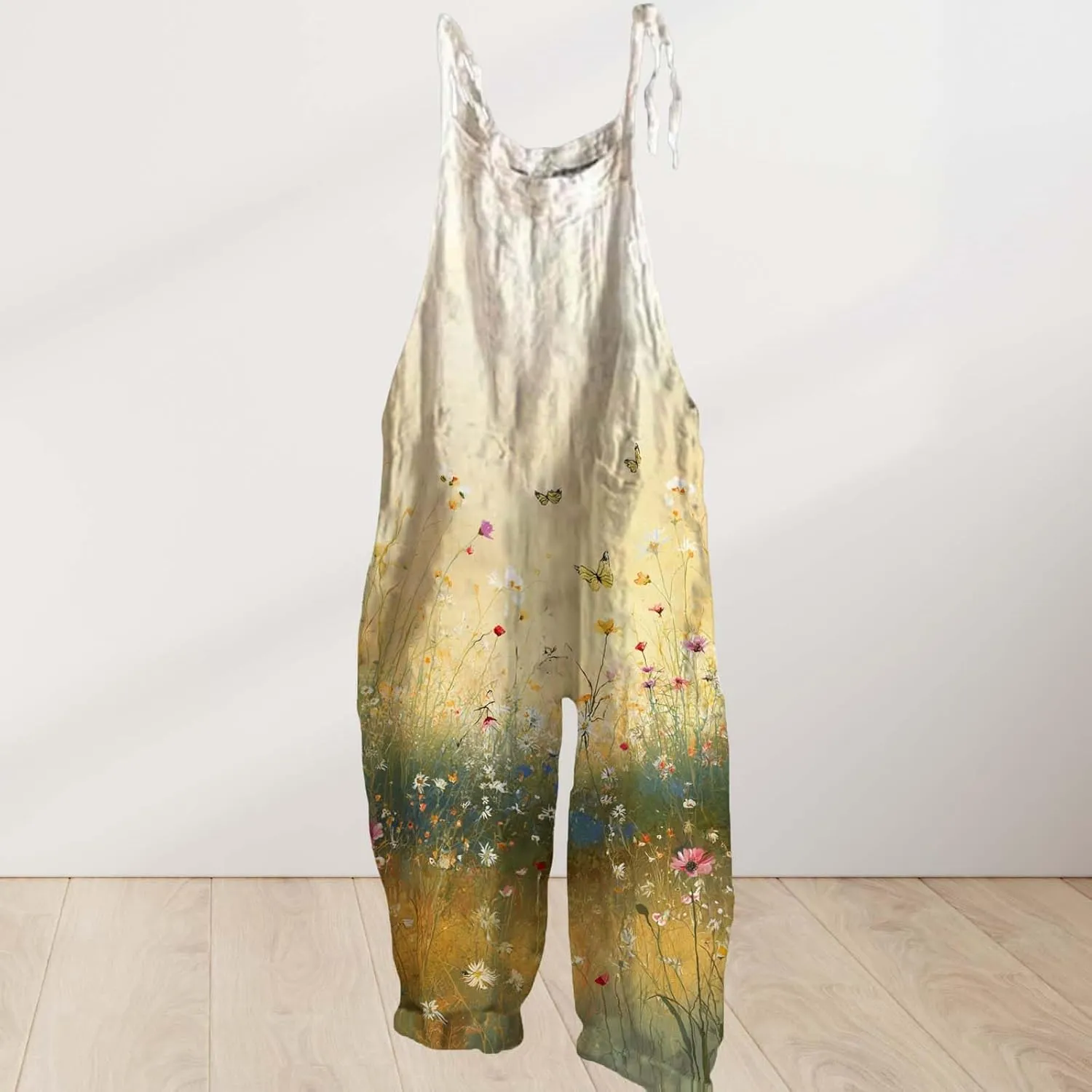 Boho Jumpsuits For Women 2025 Summer Cotton Linen Floral Printed Overall Halter Baggy Comfy Beach Rompers