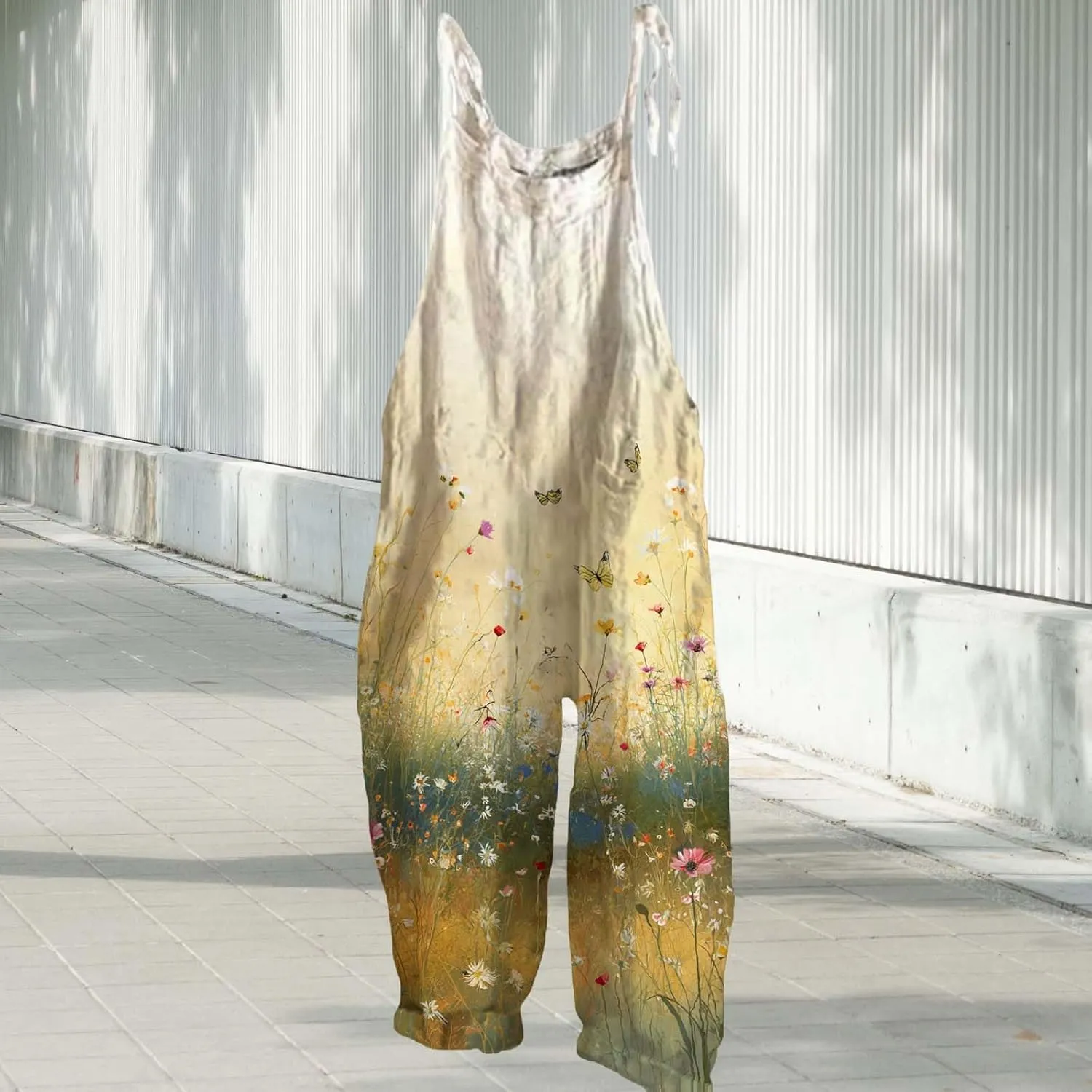 Boho Jumpsuits For Women 2025 Summer Cotton Linen Floral Printed Overall Halter Baggy Comfy Beach Rompers