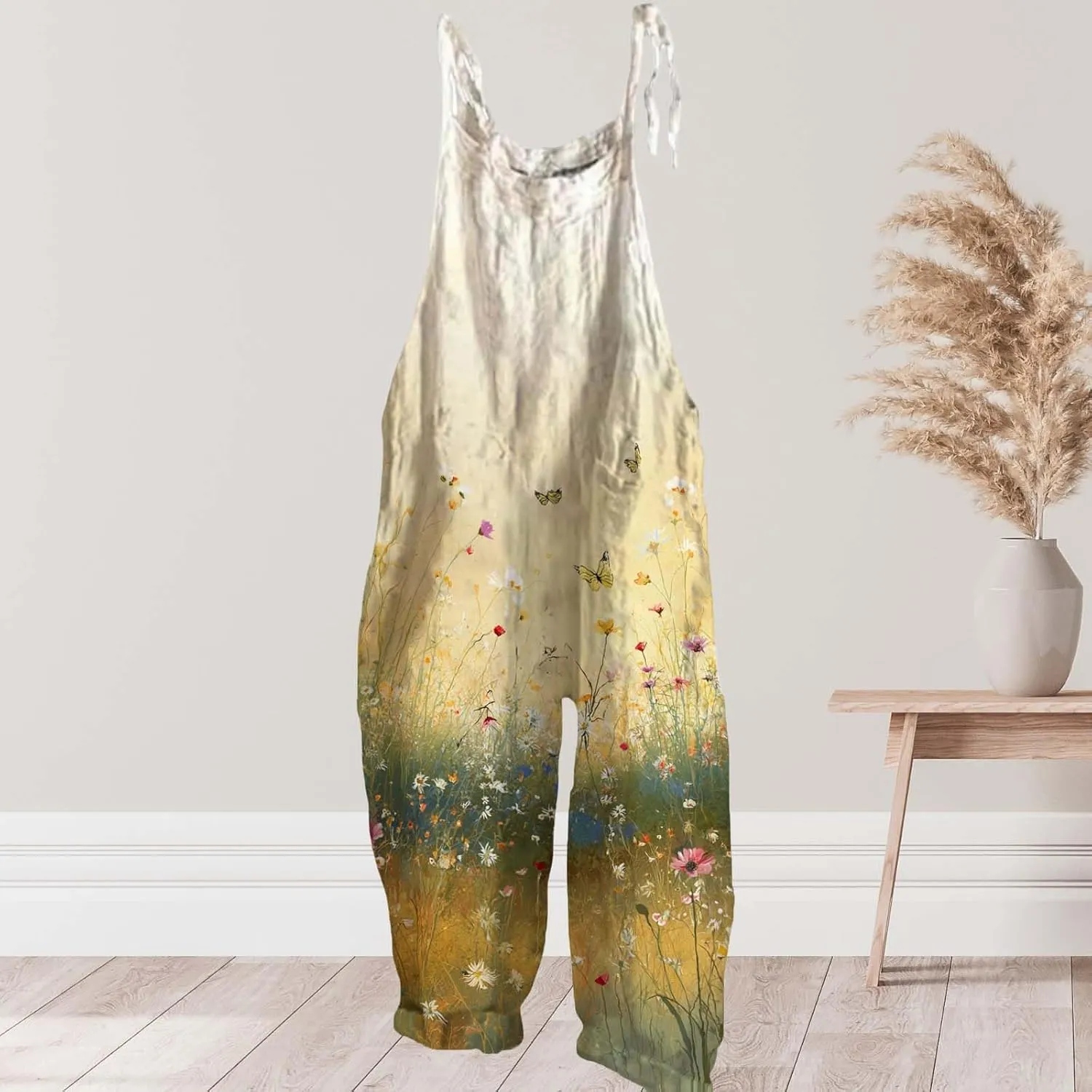 Boho Jumpsuits For Women 2025 Summer Cotton Linen Floral Printed Overall Halter Baggy Comfy Beach Rompers