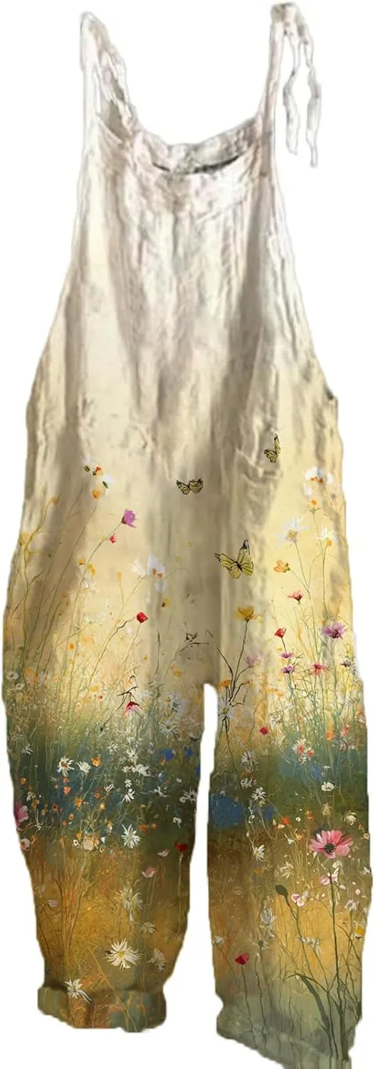 Boho Jumpsuits For Women 2025 Summer Cotton Linen Floral Printed Overall Halter Baggy Comfy Beach Rompers