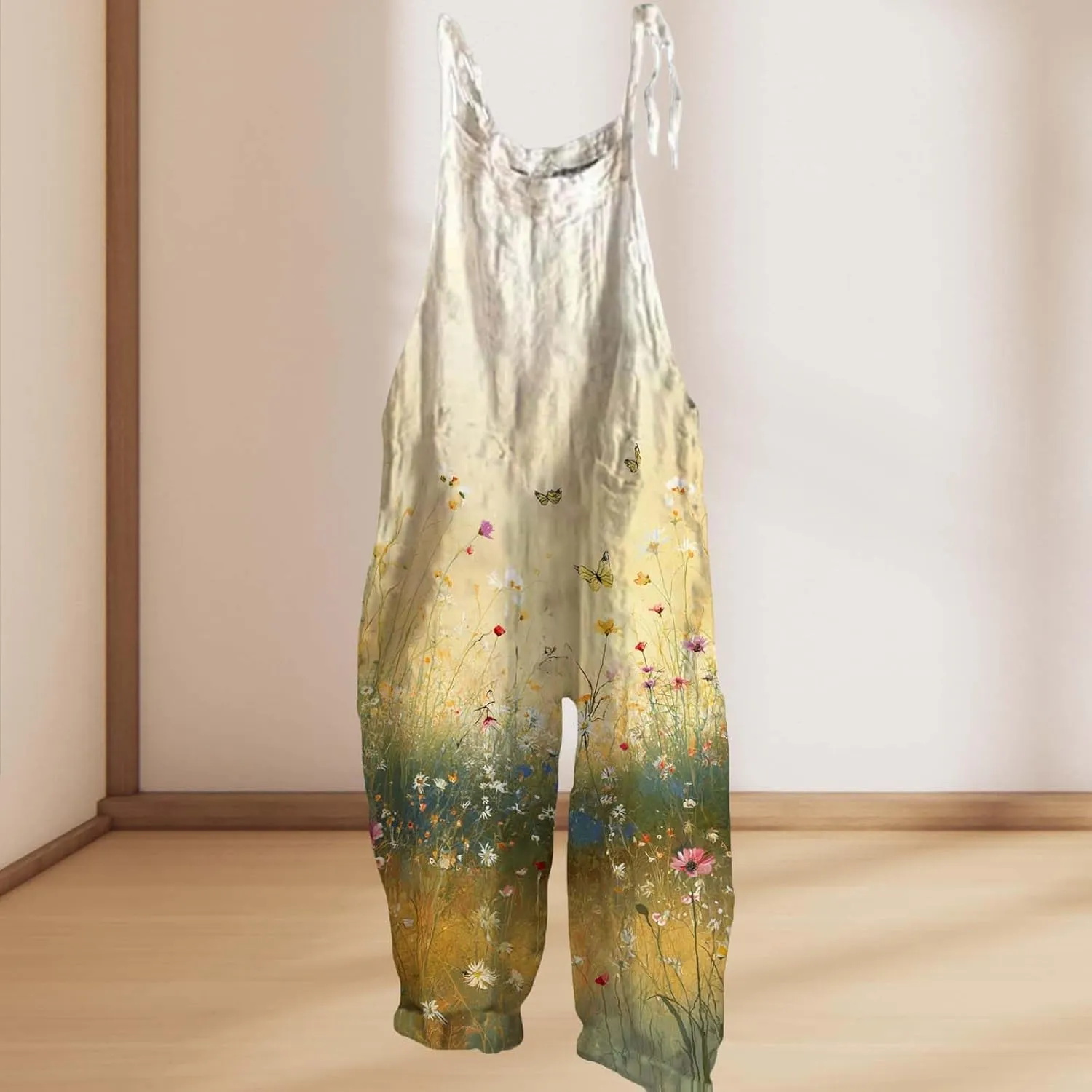 Boho Jumpsuits For Women 2025 Summer Cotton Linen Floral Printed Overall Halter Baggy Comfy Beach Rompers