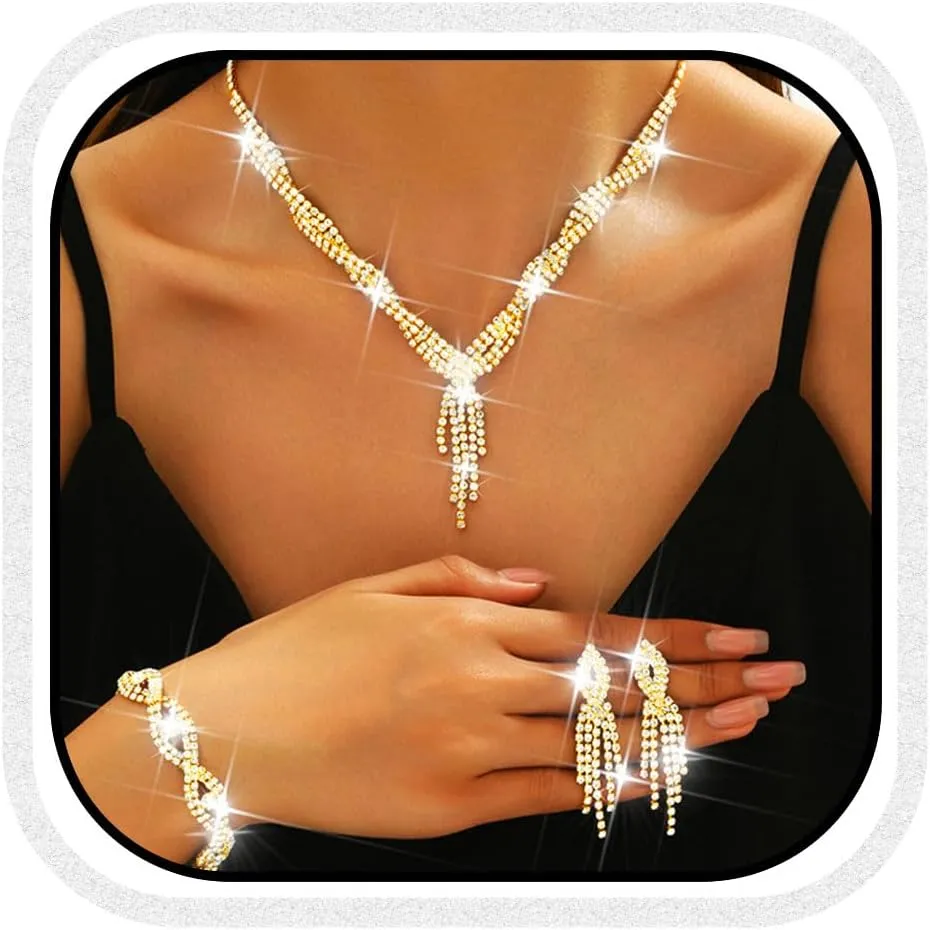 Bridal Jewelry Set Silver Rhinestone Necklace and Earrings Sets Formal Prom Jewelry Set for Women