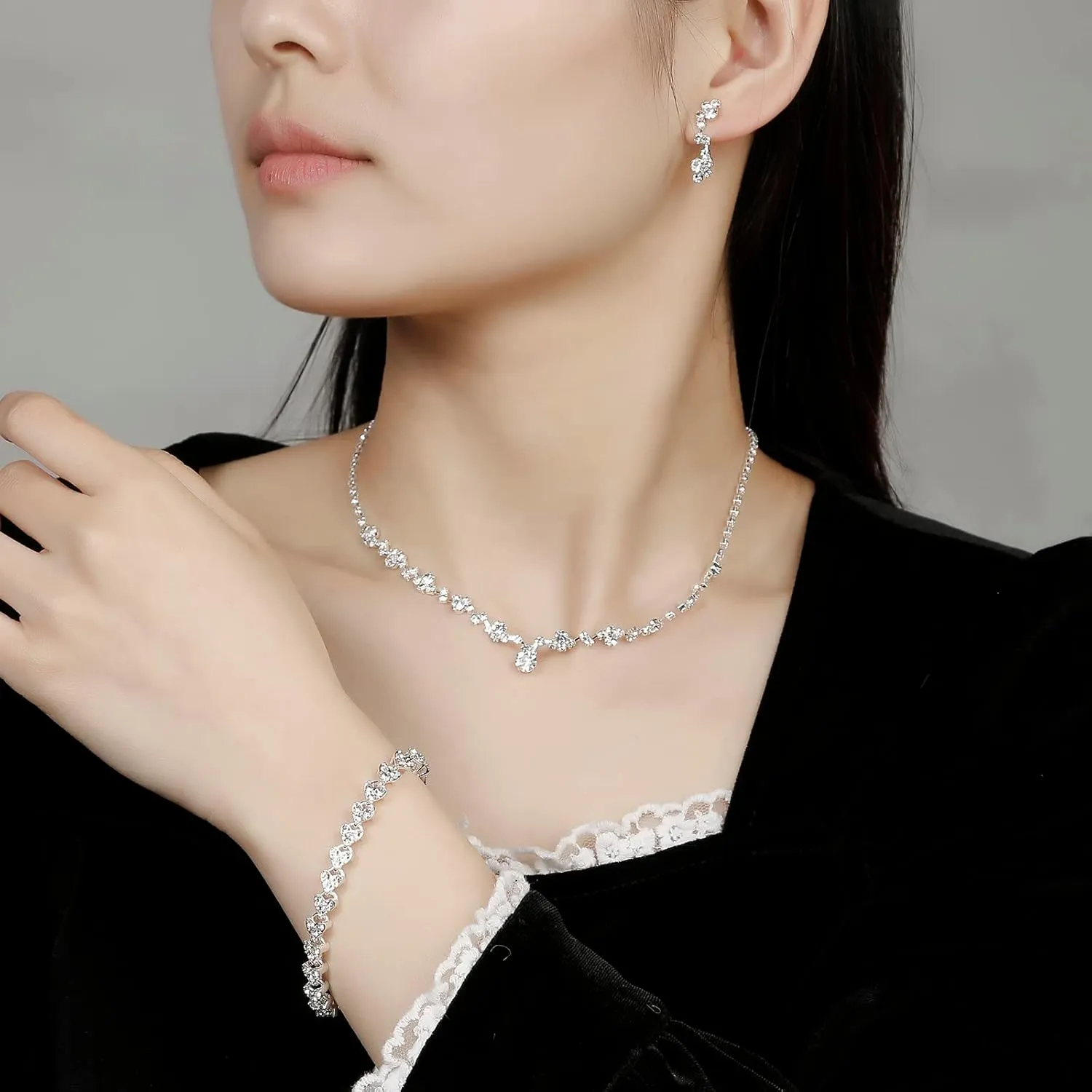 Bridal Jewelry Set, Silver Rhinestone Necklace Earrings Set Wedding Jewelry Set for Brides and Bridesmaid