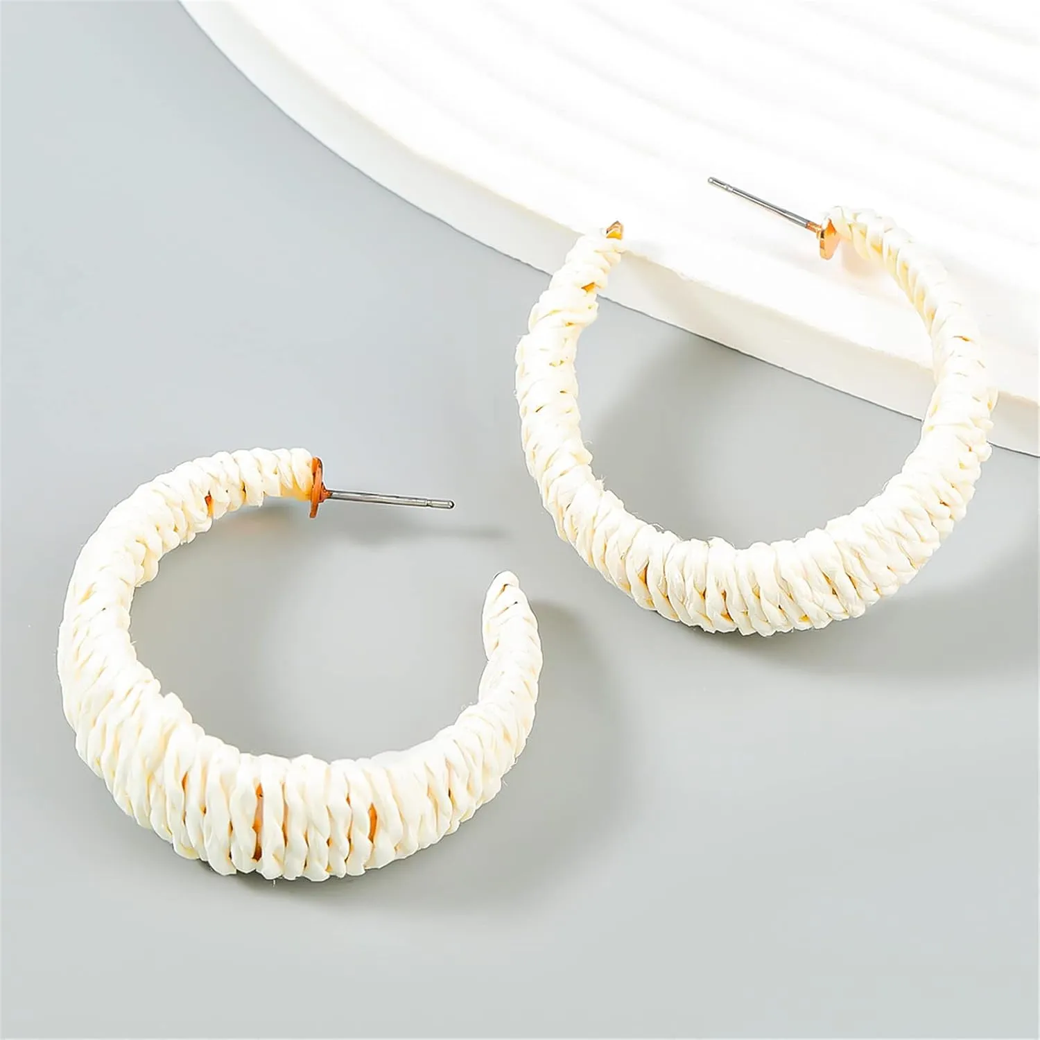 C Shaped Round Rattan Raffia Straw Wrapped Hoop Drop Dangle Earrings Hand Woven Geometric Statement Wicker Braid Earrings Tropical Jewelry Boho Handmade Summer Beach