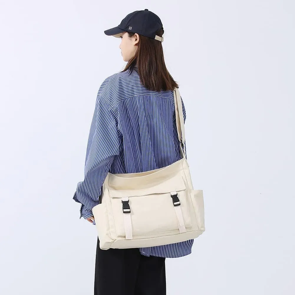 Canvas Messenger Bag Large Hobo Crossbody Bag with Multiple Pockets Canvas Shoulder Tote Bag Handbag for Women Men, One Color, One Size