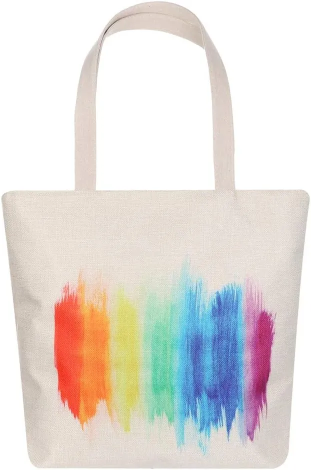 Canvas Tote Bag Beach Shopping, Rainbow Watercolor